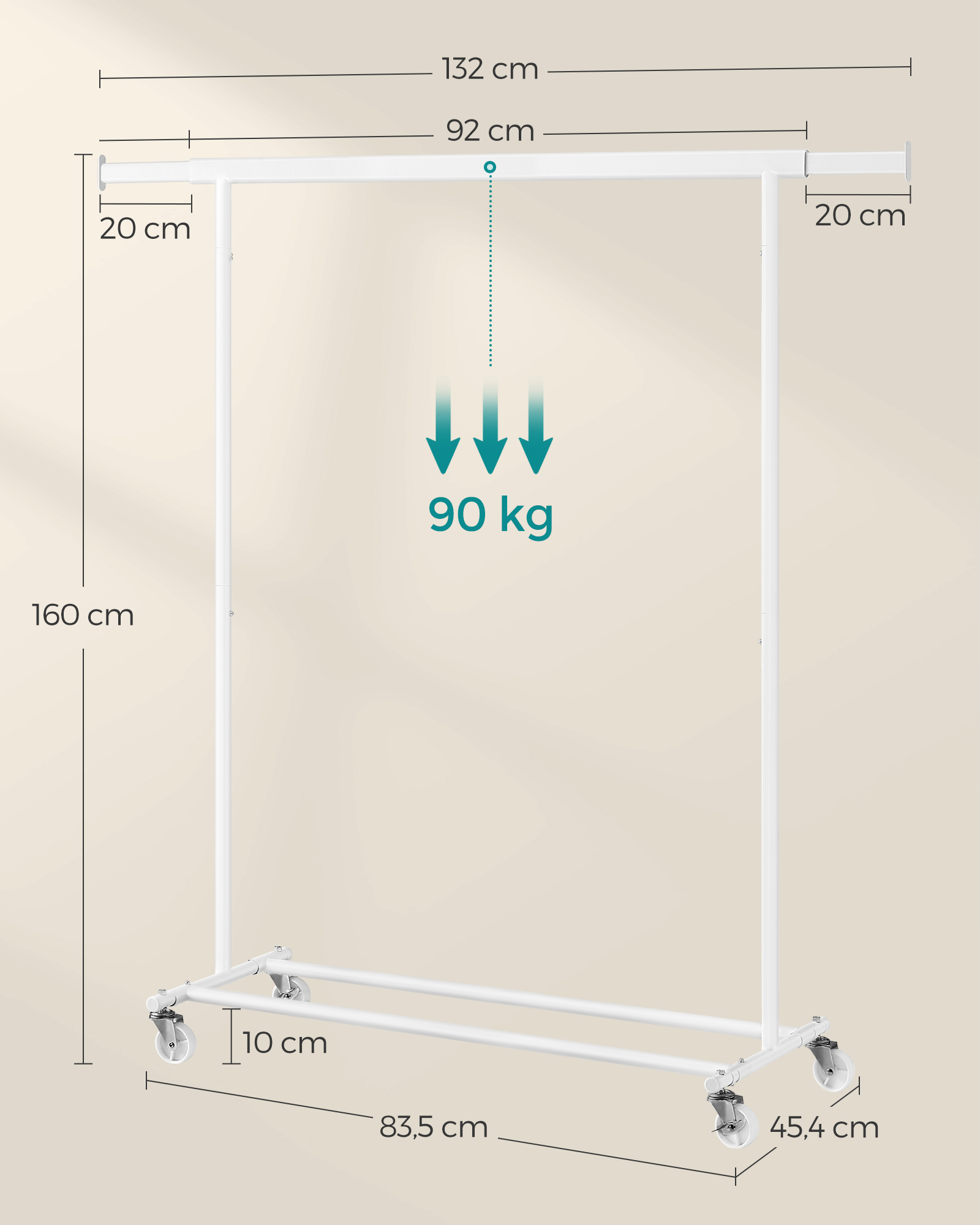 Drēbju statīvs uz riteņiem, balts, tērauda, 45,4 x 92–132 x 160 cm, līdz 90 kg - Image 5