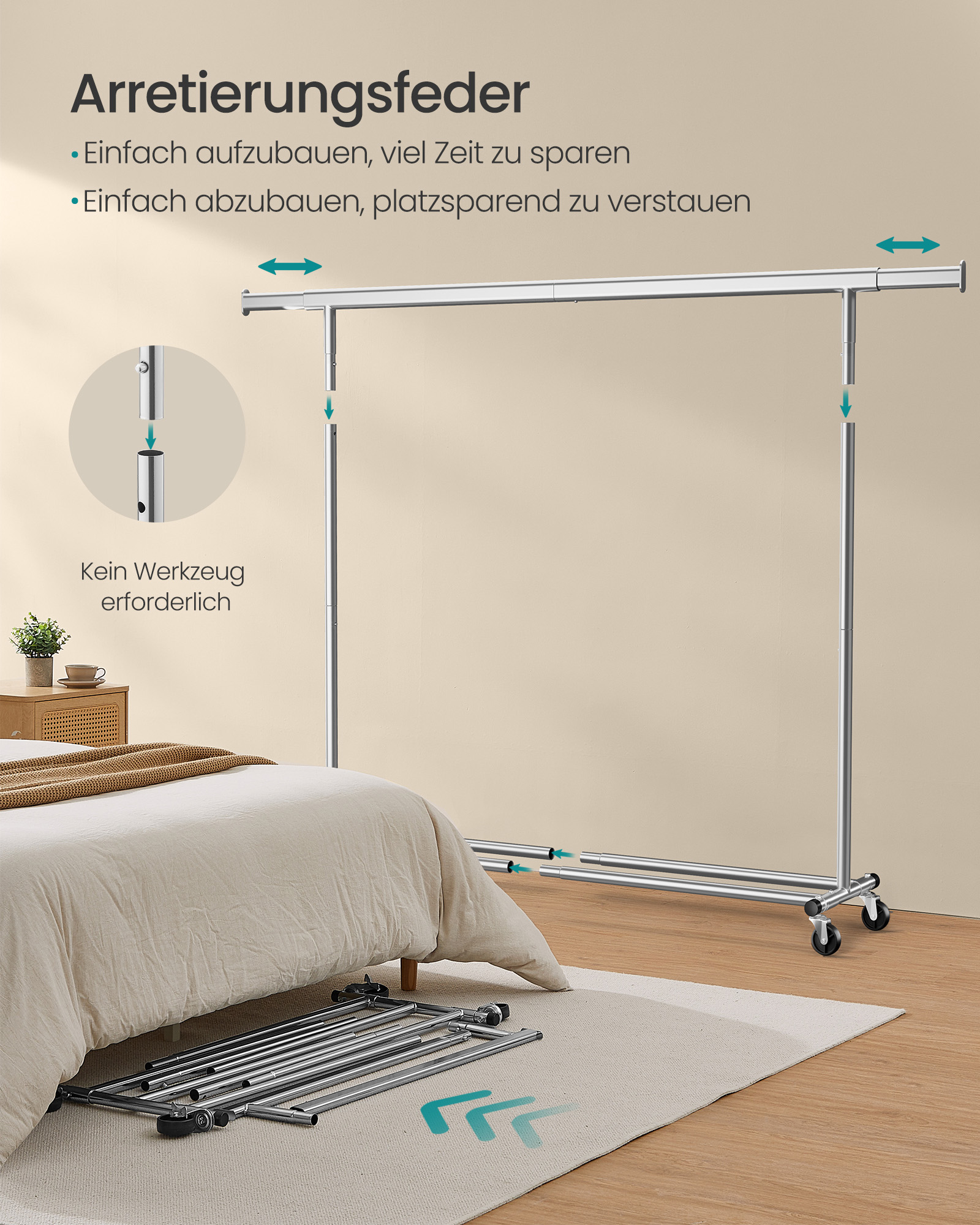 Drēbju statīvs uz riteņiem ar izvelkamu stieni, tērauda, sudraba, 45 x 160–200 x 161,5 cm - Image 5