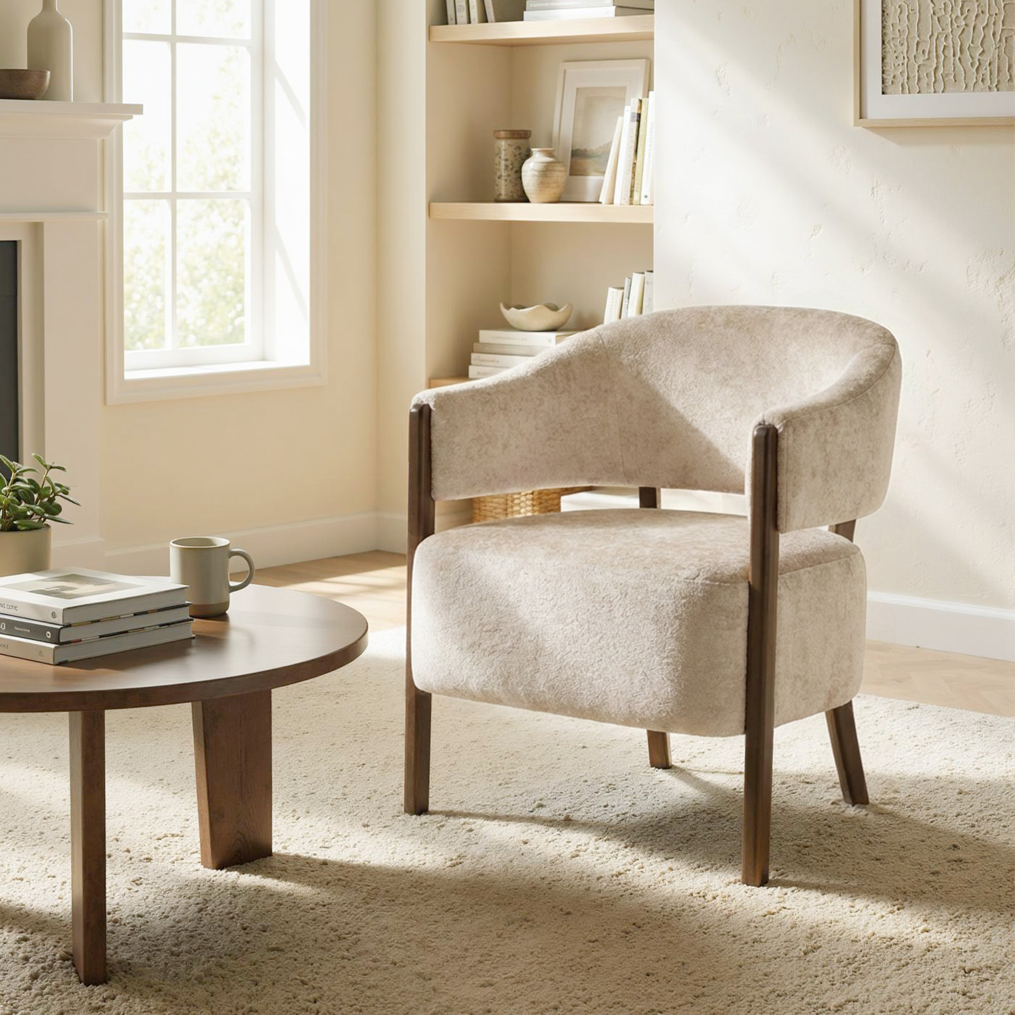 Korostustuoli, chenille-verhoiltu nojatuoli massiivipuurungolla ja jaloilla, beige - Image 8