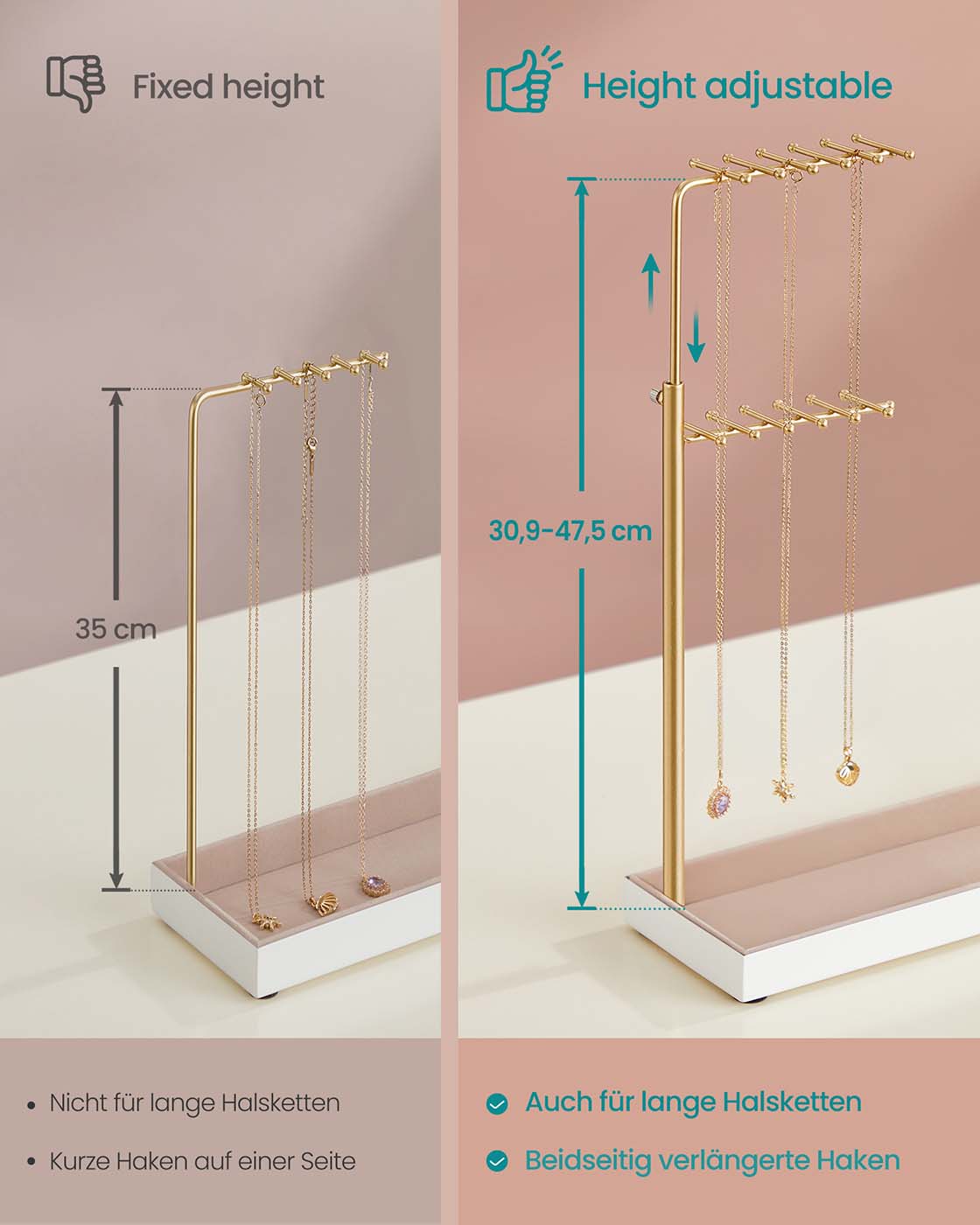 Papuošalų stovas iš metalo su aksominiu padėklu, šviesiai auksinis, 10 x 30,6 x 30,9–47,5 cm - Image 4