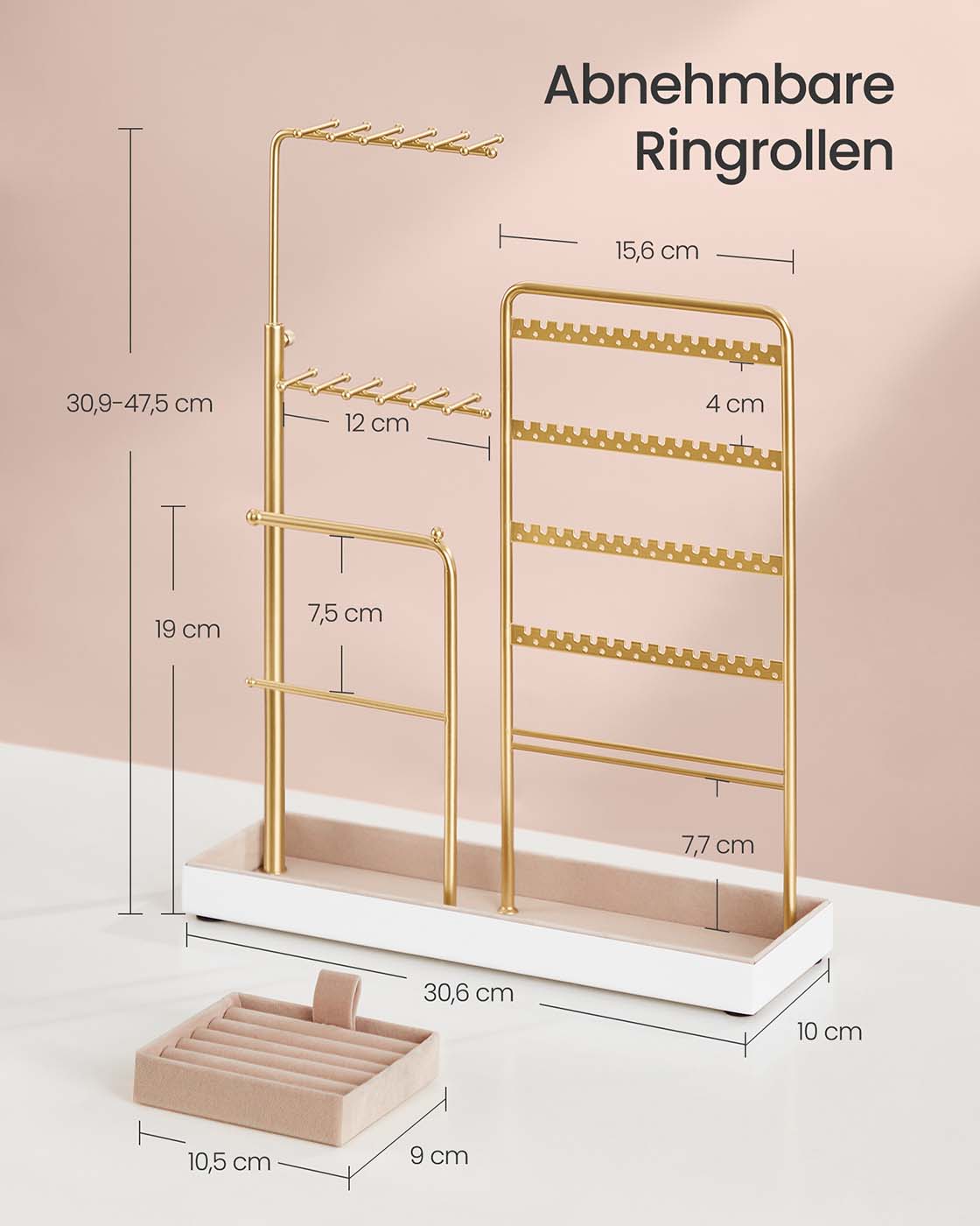 Papuošalų stovas iš metalo su aksominiu padėklu, šviesiai auksinis, 10 x 30,6 x 30,9–47,5 cm - Image 6