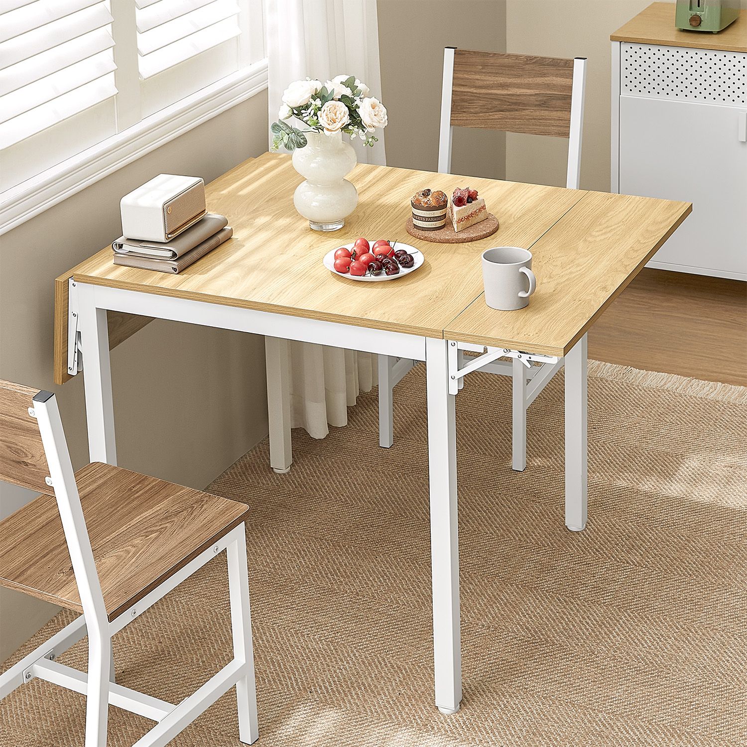 Ēdamgalds 2–4 personām, salokāms, 78 x 120 x 76,2 cm, ozola tonis un balts - Image 2