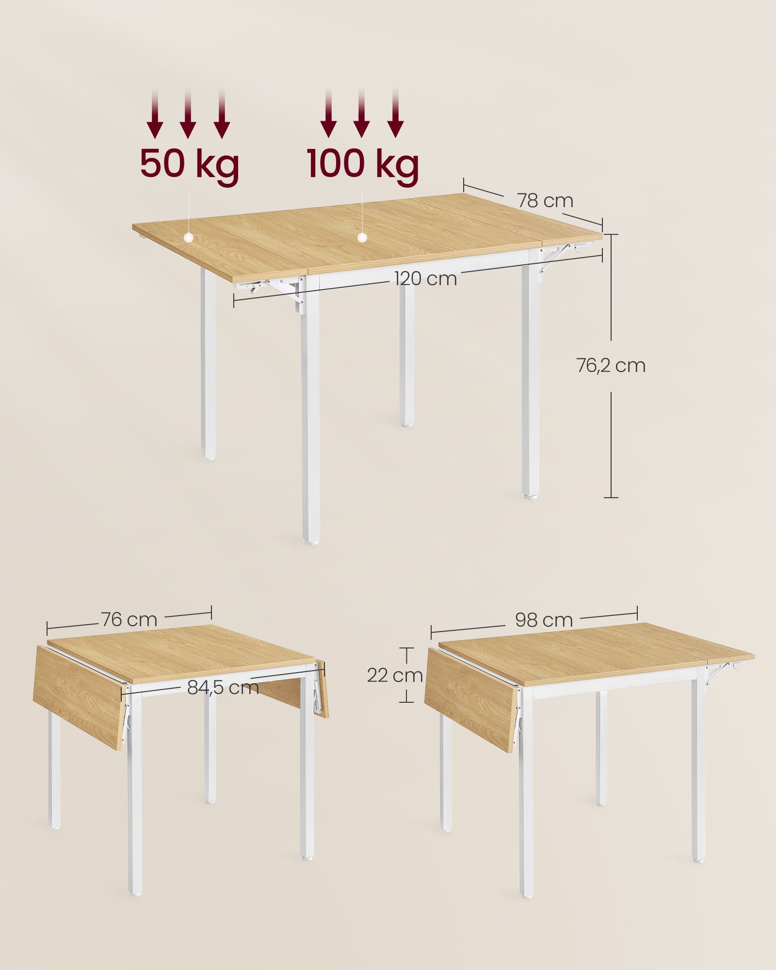 Ēdamgalds 2–4 personām, salokāms, 78 x 120 x 76,2 cm, ozola tonis un balts - Image 6
