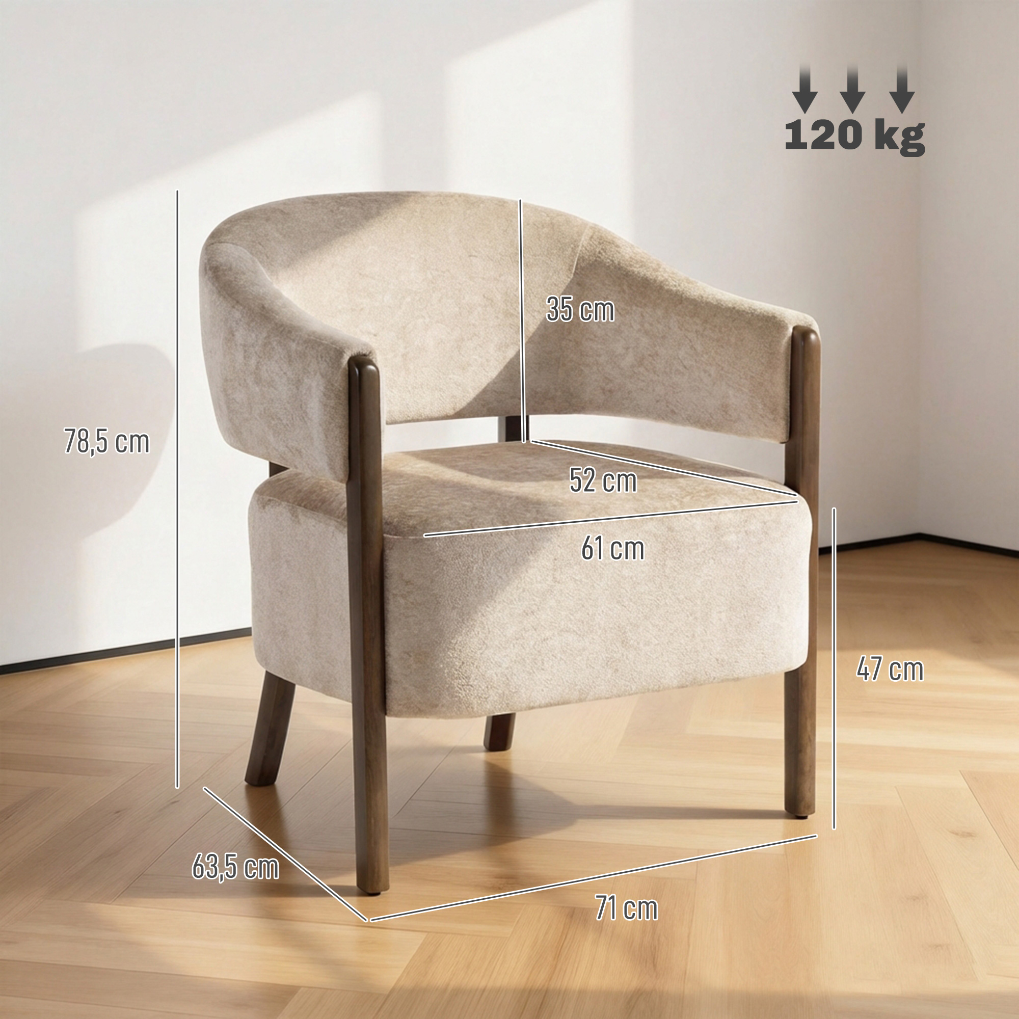 Korostustuoli, chenille-verhoiltu nojatuoli massiivipuurungolla ja jaloilla, beige - Image 3