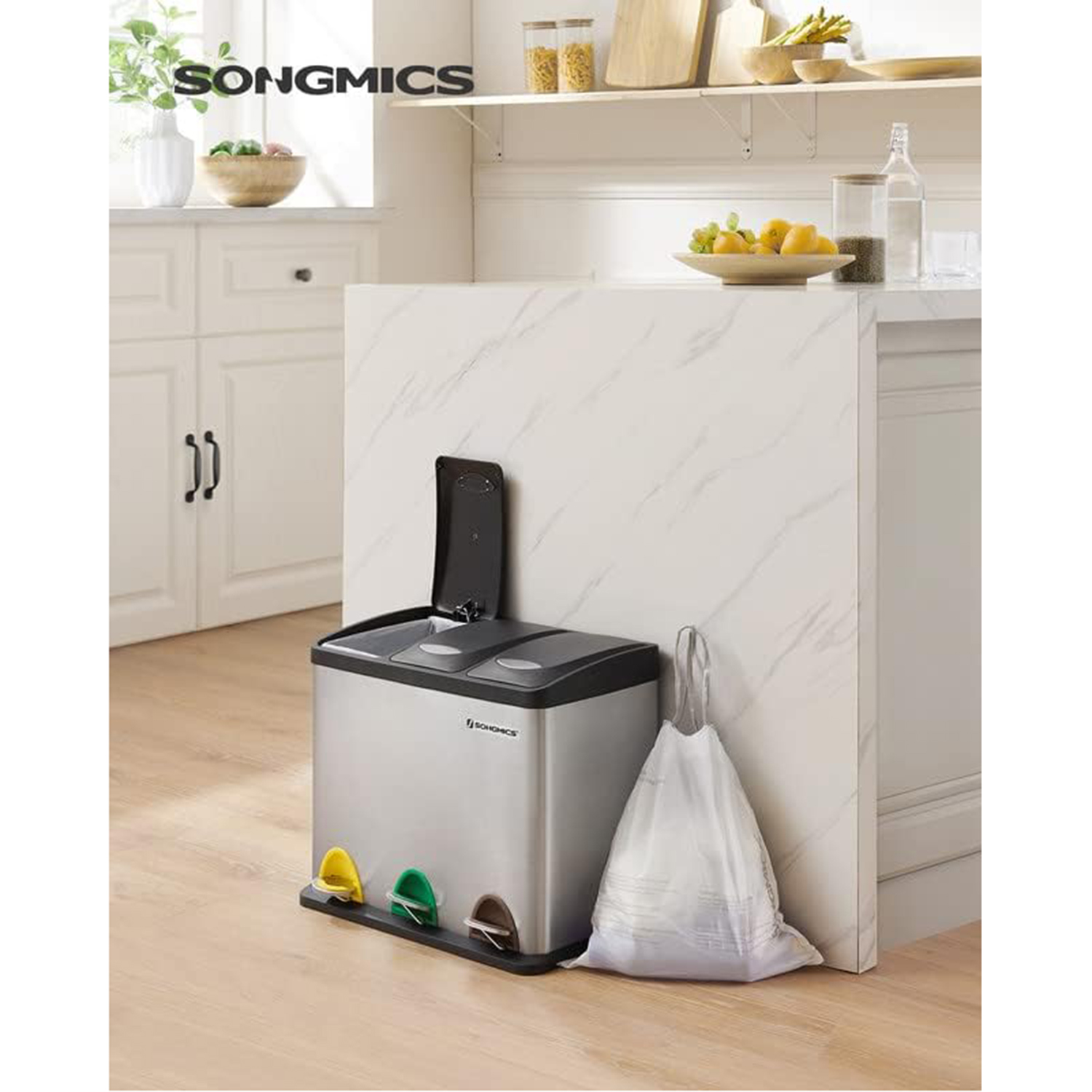 Šiukšlių maišai su sutraukiamu raiščiu, 8 l, 90 vnt., balti, HDPE, 37 x 42 cm - Image 2