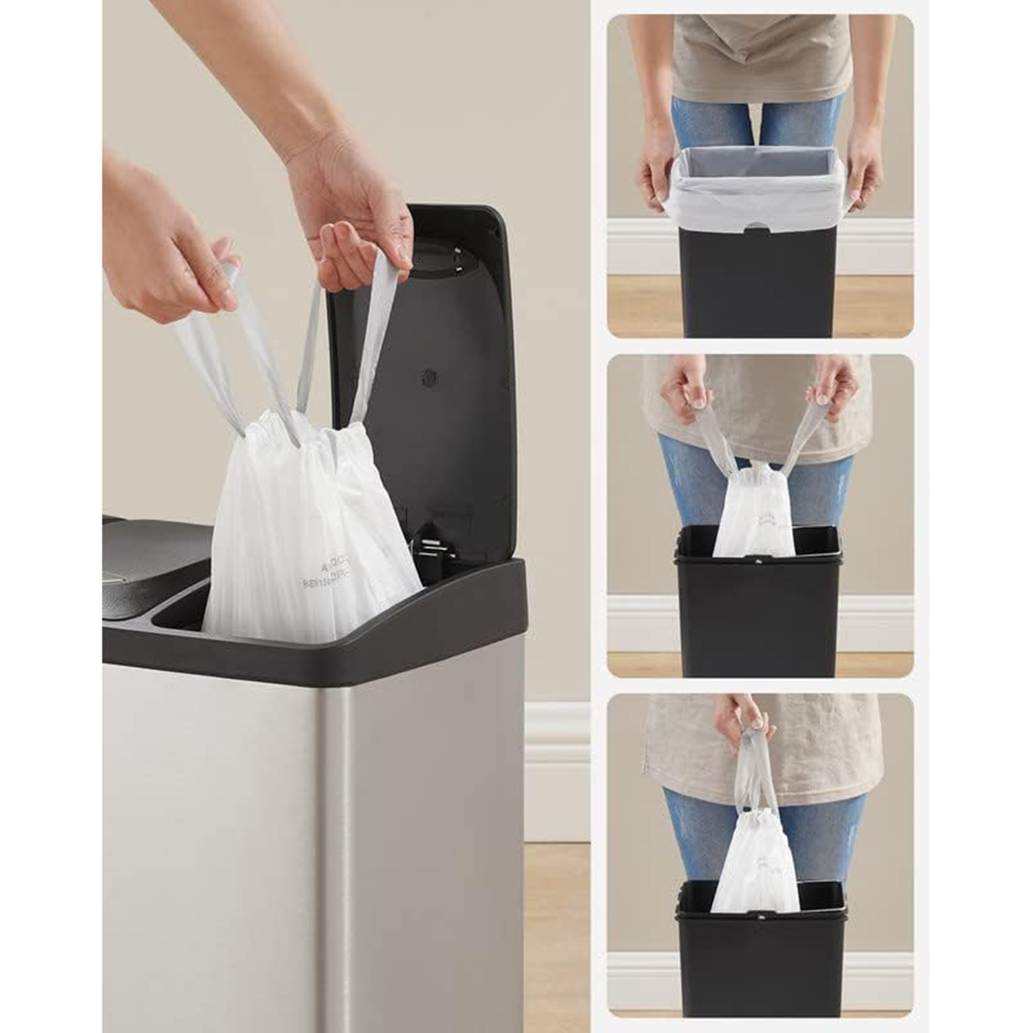Šiukšlių maišai su sutraukiamu raiščiu, 8 l, 90 vnt., balti, HDPE, 37 x 42 cm - Image 6