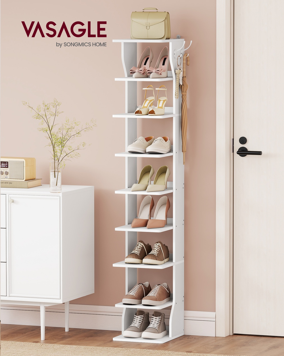 Batų lentyna, siaura, 9 lygių, matinė balta, medžio drožlių plokštė, 30 x 26,4 x 147 cm - Image 2