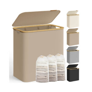Pesukorv 150 l kaane ja 3 sektsiooniga, 60 x 38,5 x 70,5 cm, kaamelipruun