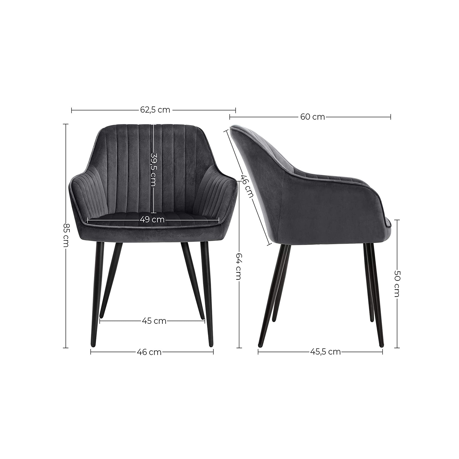 Ruokapöydän tuolit, 4 kpl, harmaa, samettiverhoilu, metallijalat, 62,5 x 60 x 85 cm - Image 7
