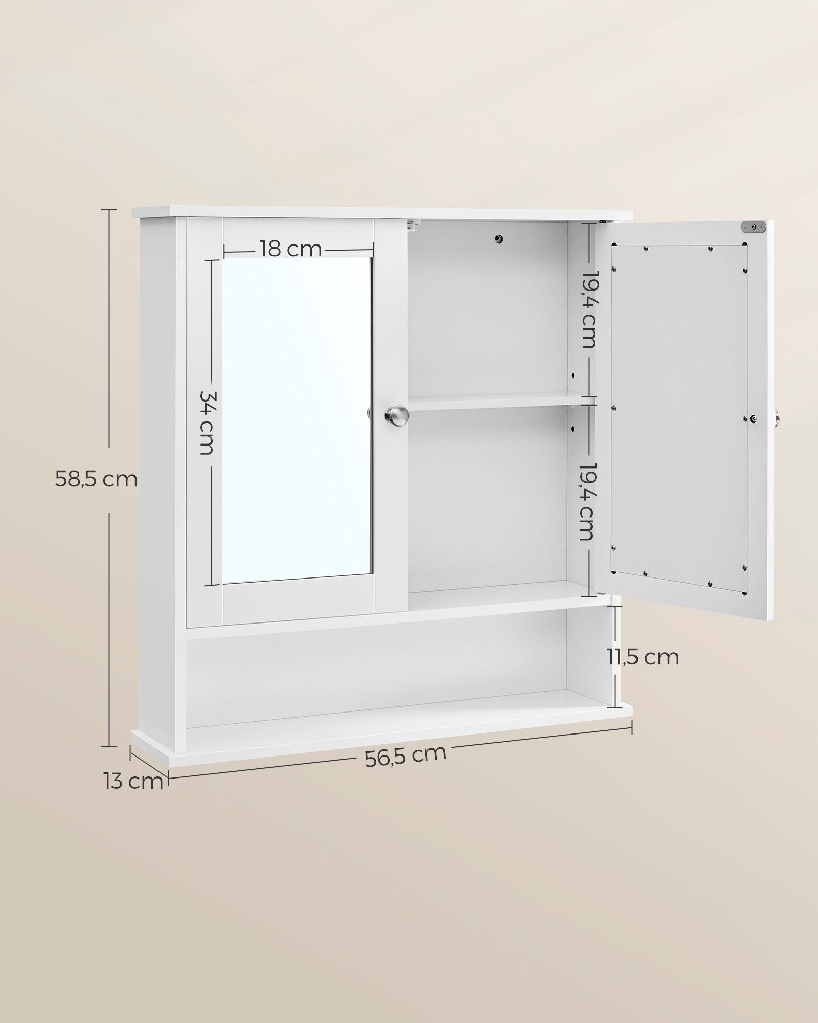 Vannasistabas spoguļskapītis ar 2 durvīm, balts, MDF, 56,5 x 13 x 58,5 cm - Image 5