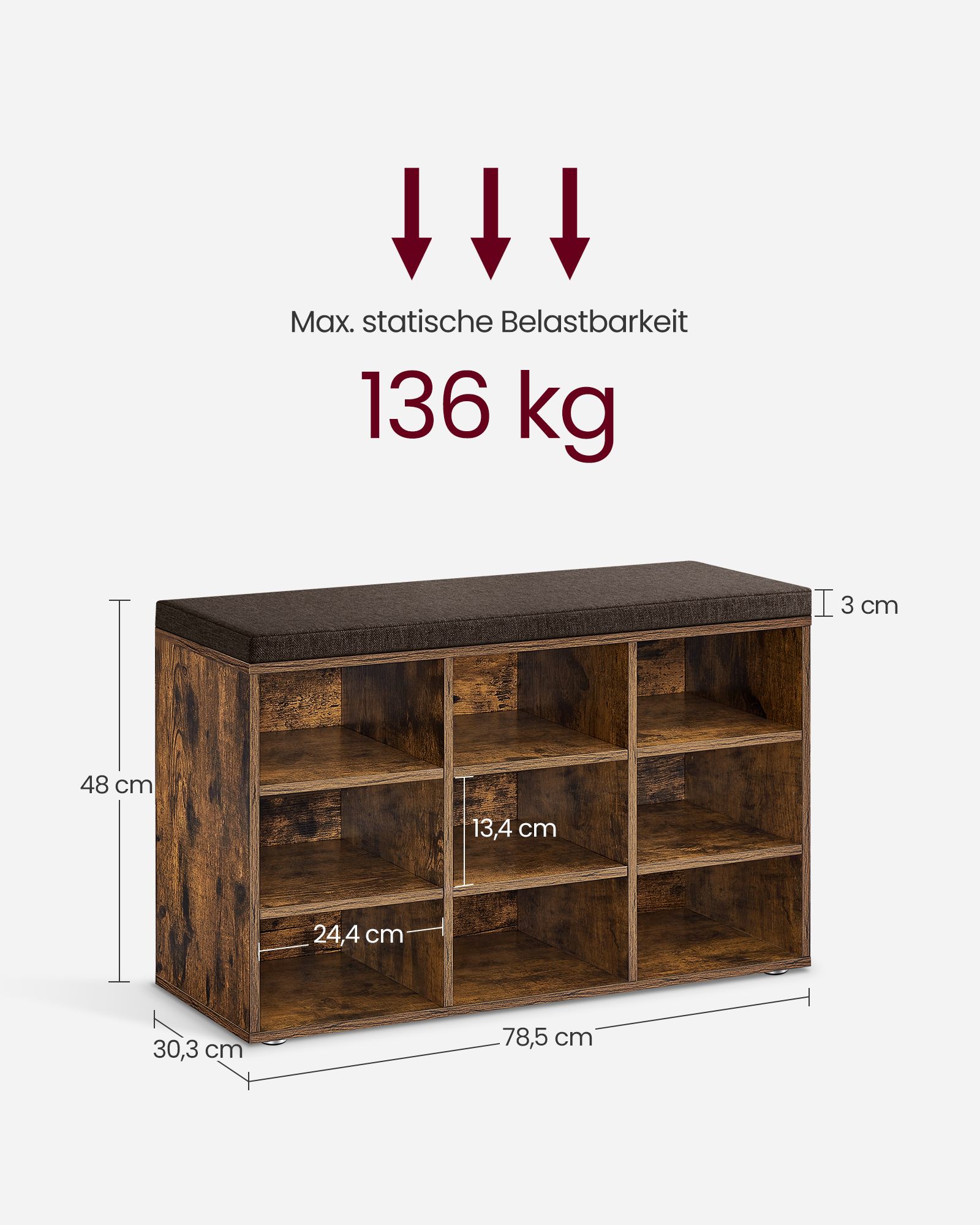 Apavu sols ar sēdvietu un glabāšanas vietu, 9 nodalījumi, vintage brūns, 30,3 x 78,5 x 48 cm - Image 8