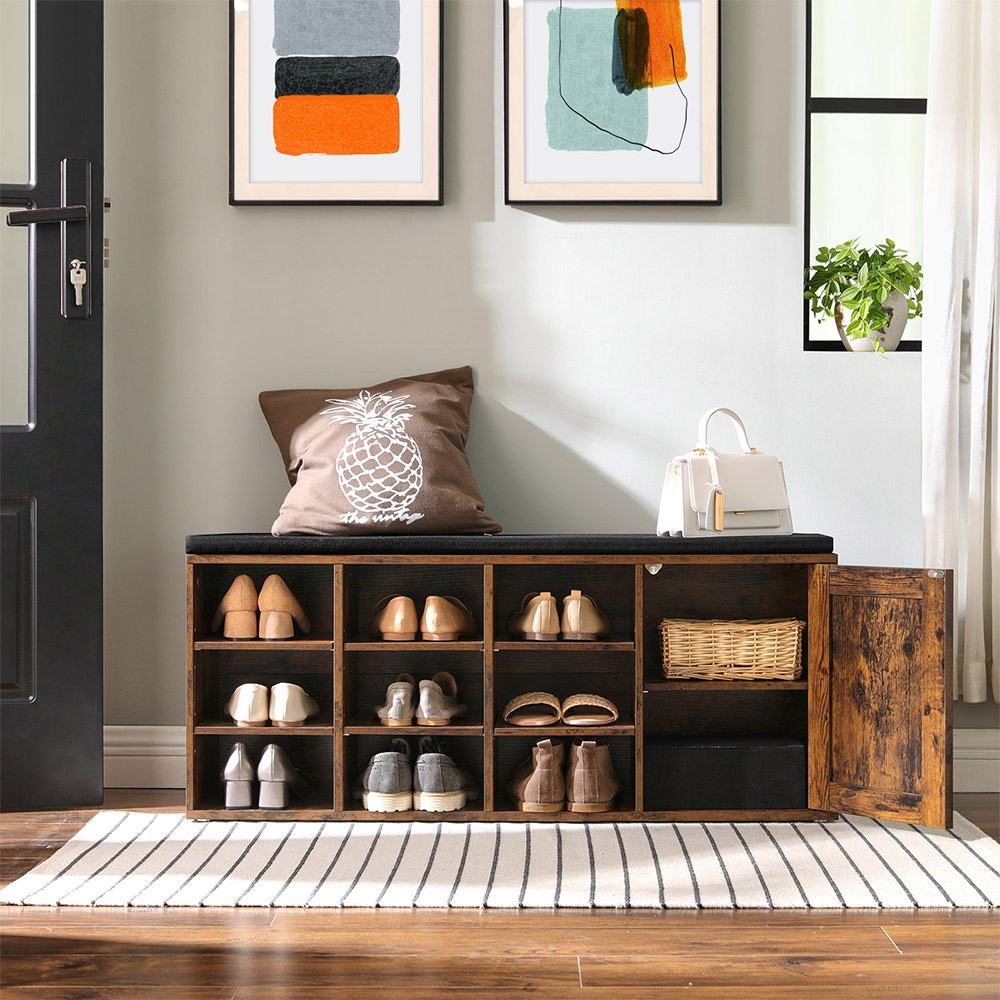 Apavu uzglabāšanas sols ar 9 atvērtiem nodalījumiem un skapi, 110 x 30 x 48 cm, brūns - Image 3