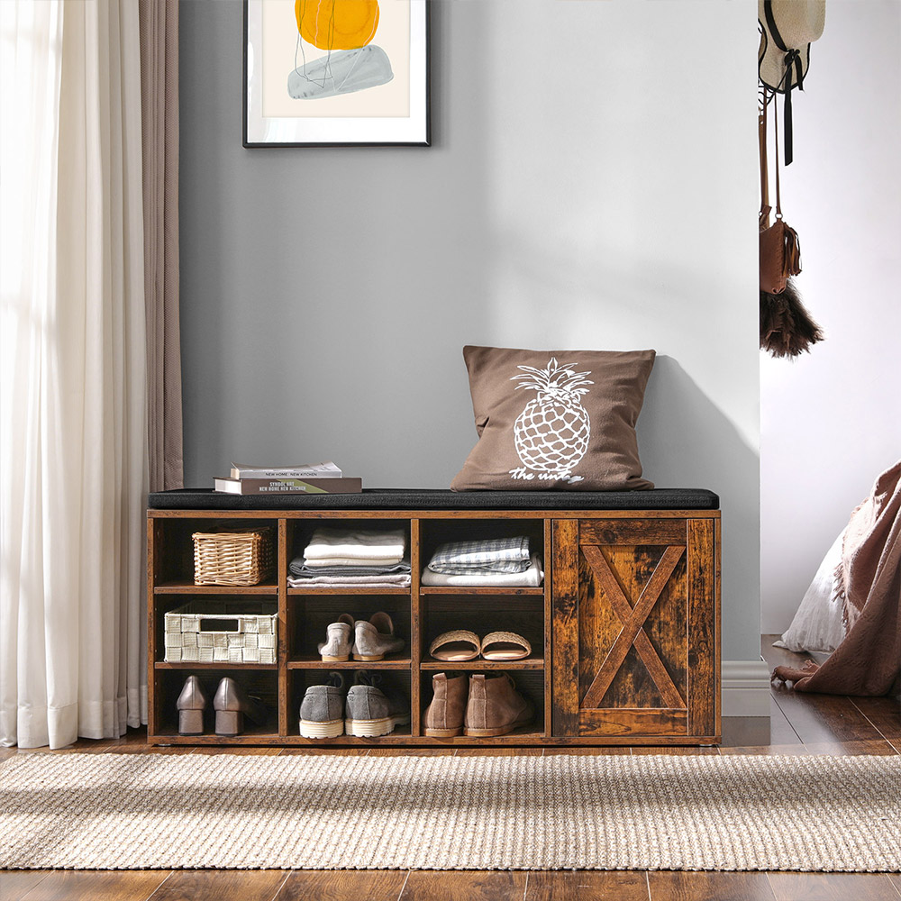 Apavu uzglabāšanas sols ar 9 atvērtiem nodalījumiem un skapi, 110 x 30 x 48 cm, brūns - Image 4