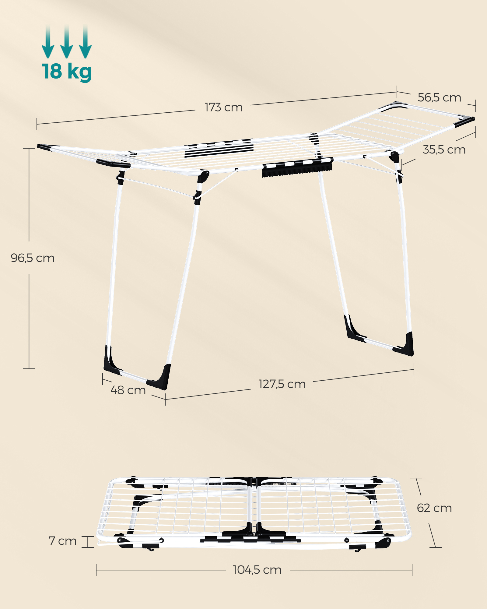Pyykinkuivausteline sukkapidikkeellä, valkoinen teräs, 56,5 x 173 x 96,5 cm - Image 6