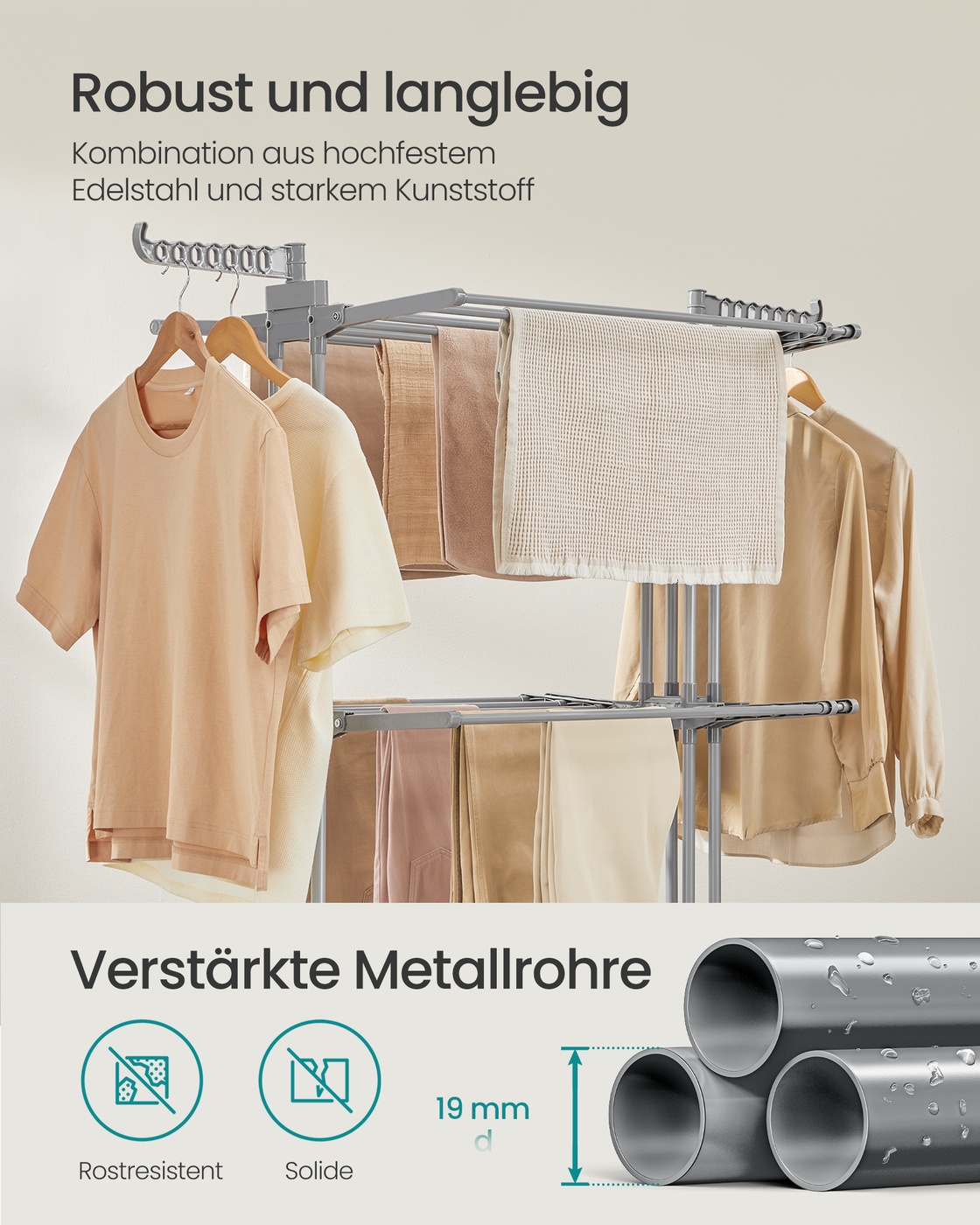 Veļas žāvētājs ar 4 līmeņiem un riteņiem, tērauds, baložu pelēks, 63,5 x 131–200 x 177,5 cm - Image 4