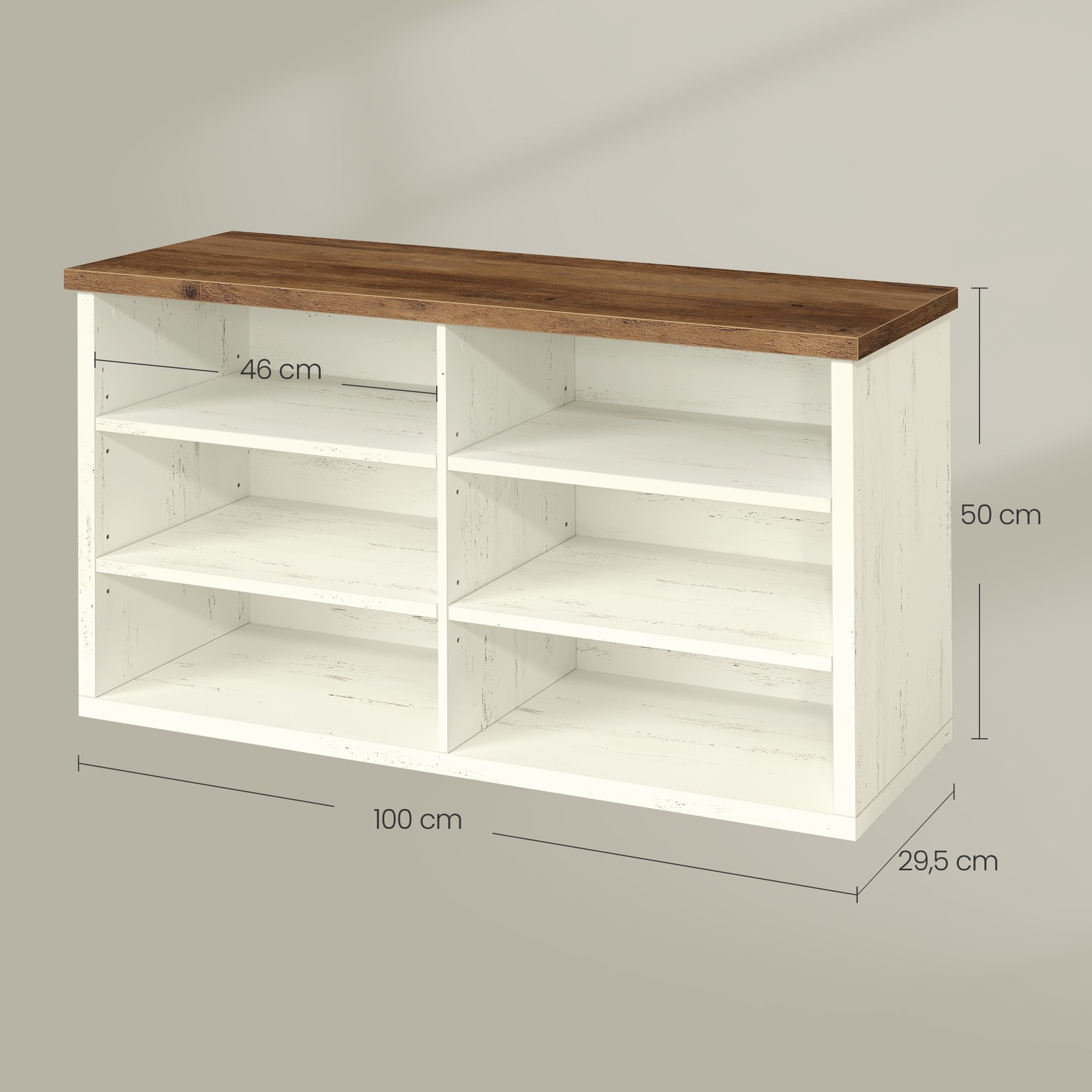 Apavu sols ar plauktu, 6 nodalījumi, regulējami plaukti, 29,5 x 100 x 50 cm, balti brūns - Image 3