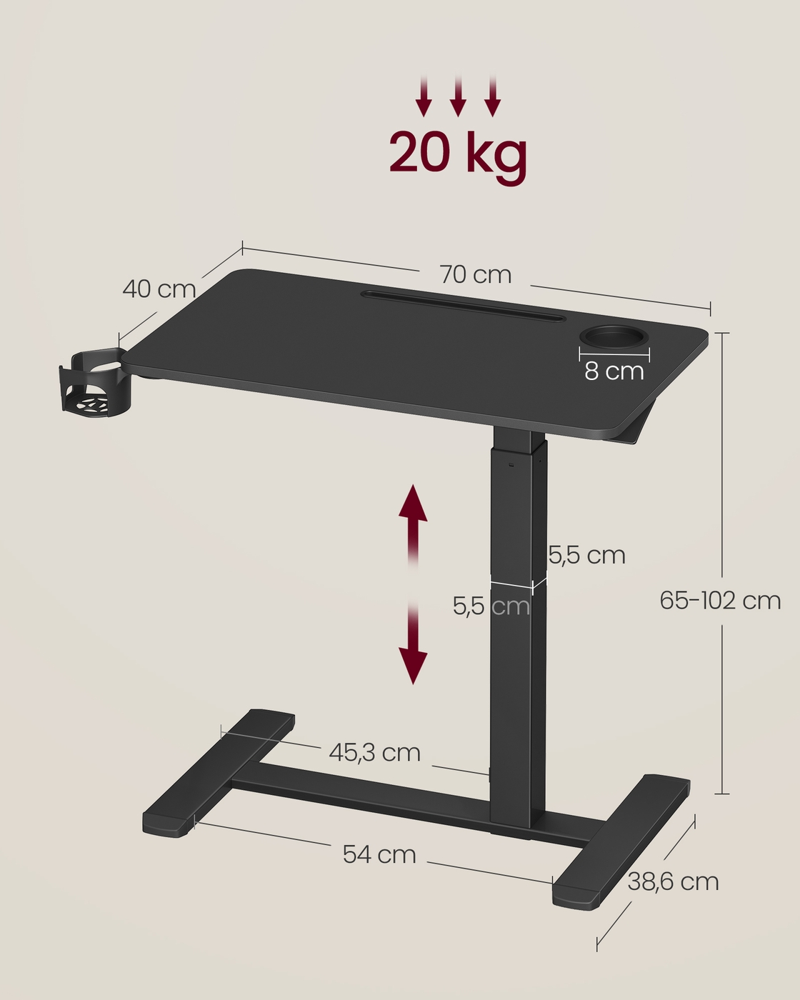 Mobilus šoninis staliukas su ratukais, gėrimų laikikliais, 70 x 40 x 65–102 cm, juodas - Image 6