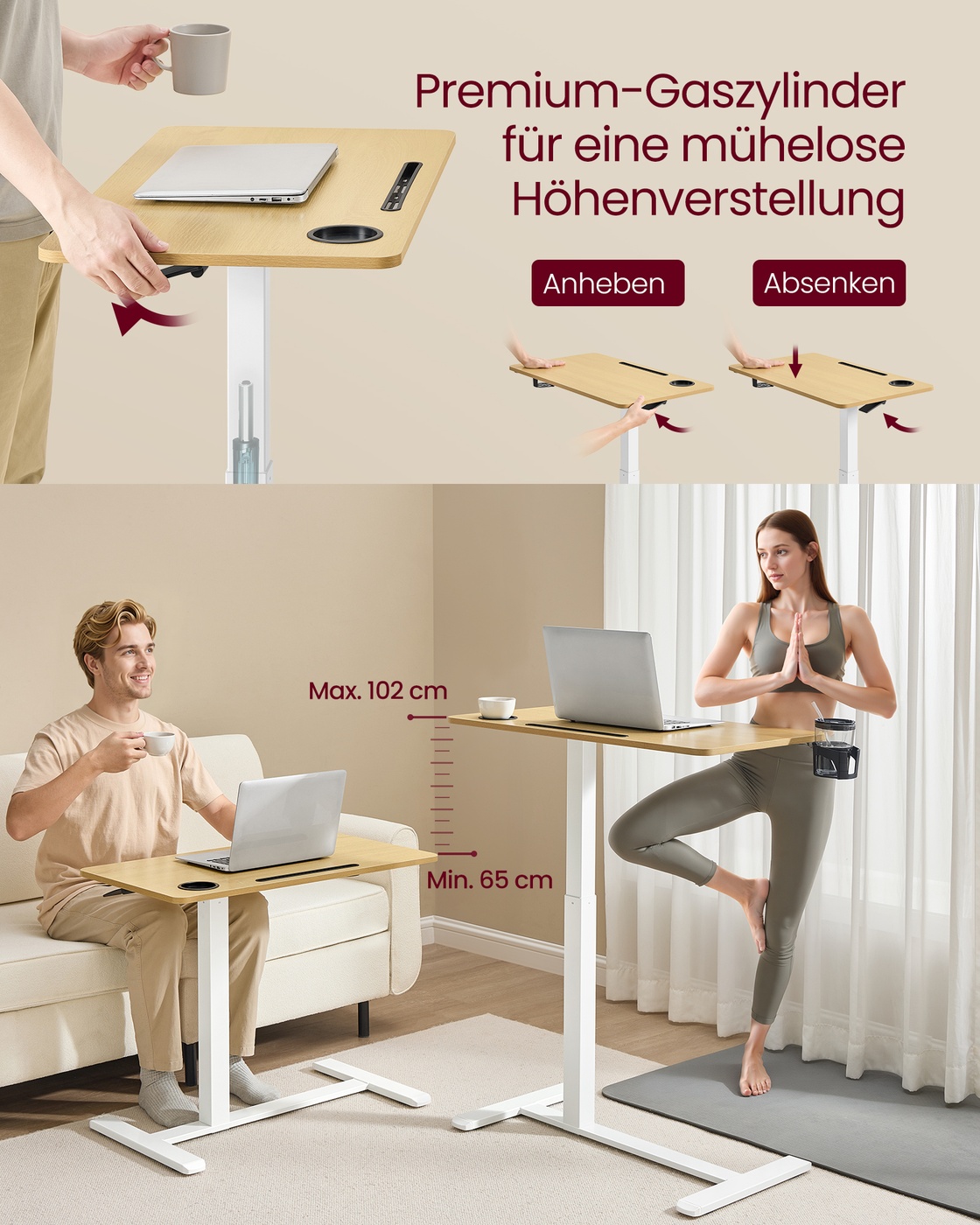 Mobilus šoninis staliukas su ratukais, 80 x 45 x 65–102 cm, auksinio ąžuolo spalvos - Image 3