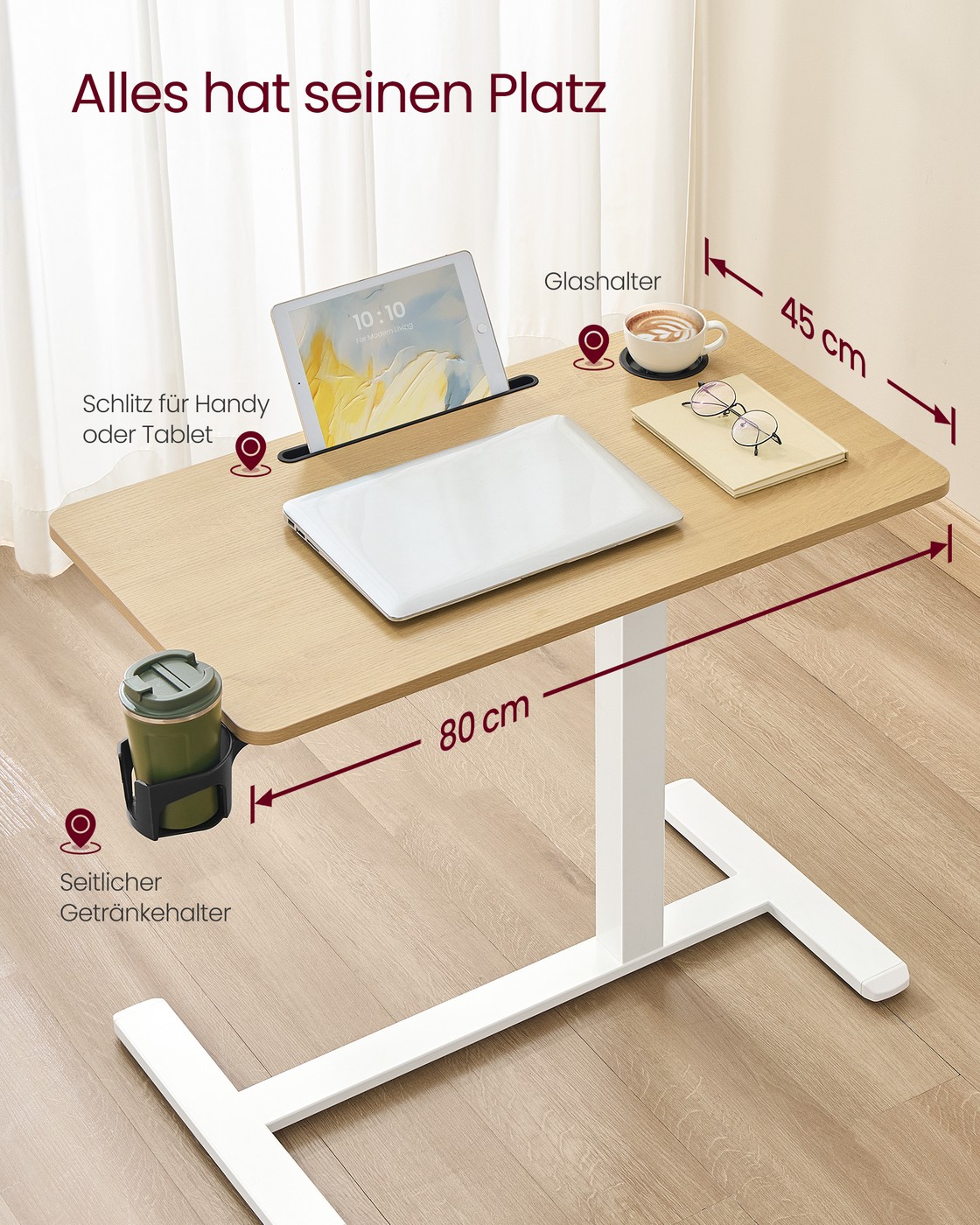 Mobilus šoninis staliukas su ratukais, 80 x 45 x 65–102 cm, auksinio ąžuolo spalvos - Image 5