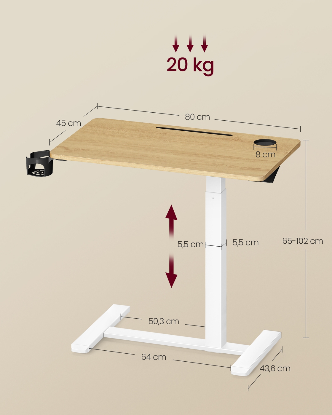 Mobilus šoninis staliukas su ratukais, 80 x 45 x 65–102 cm, auksinio ąžuolo spalvos - Image 6