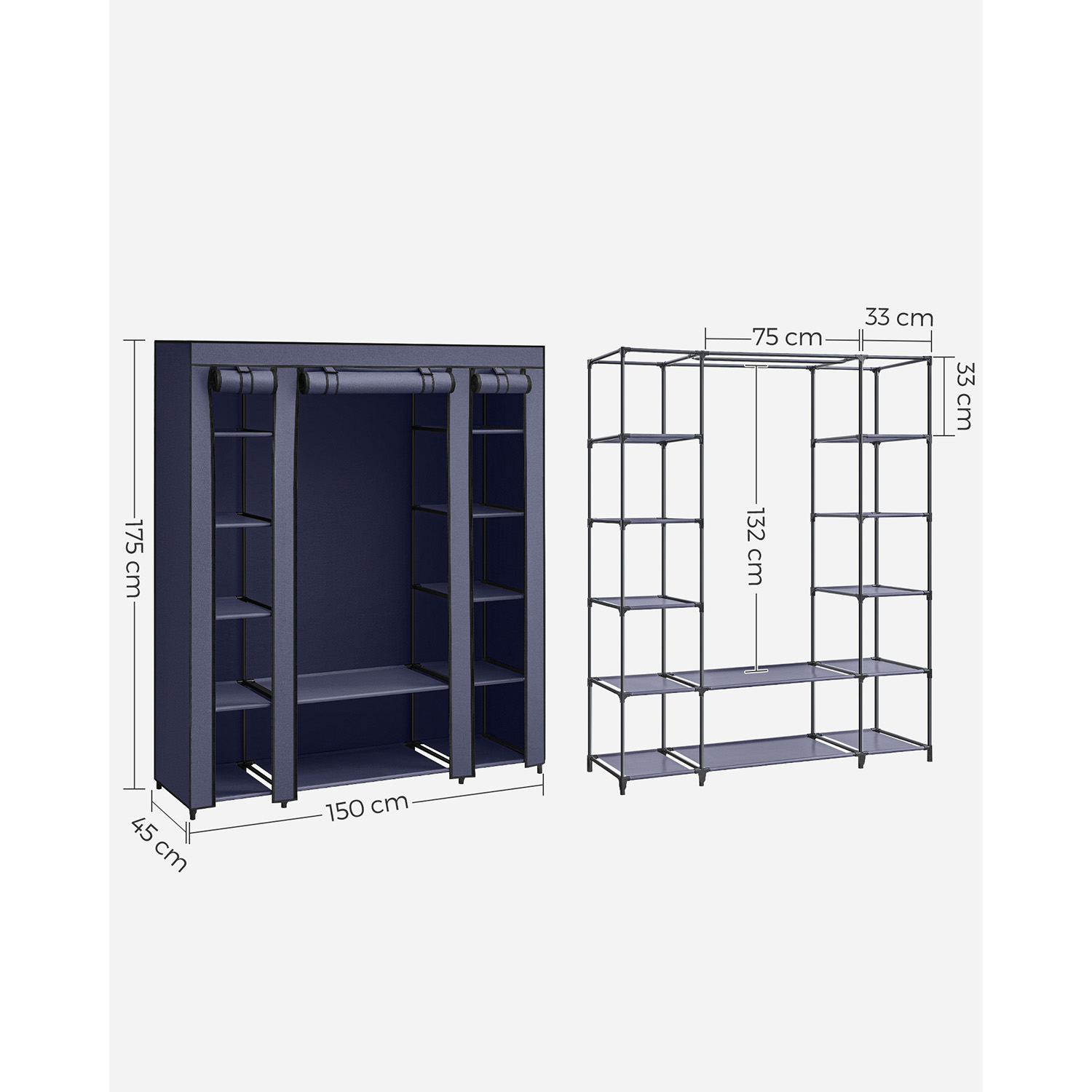 Medžiaginė spinta su drabužių skersiniu, metaliniu rėmu, 45 x 150 x 175 cm, tamsiai mėlyna - Image 7