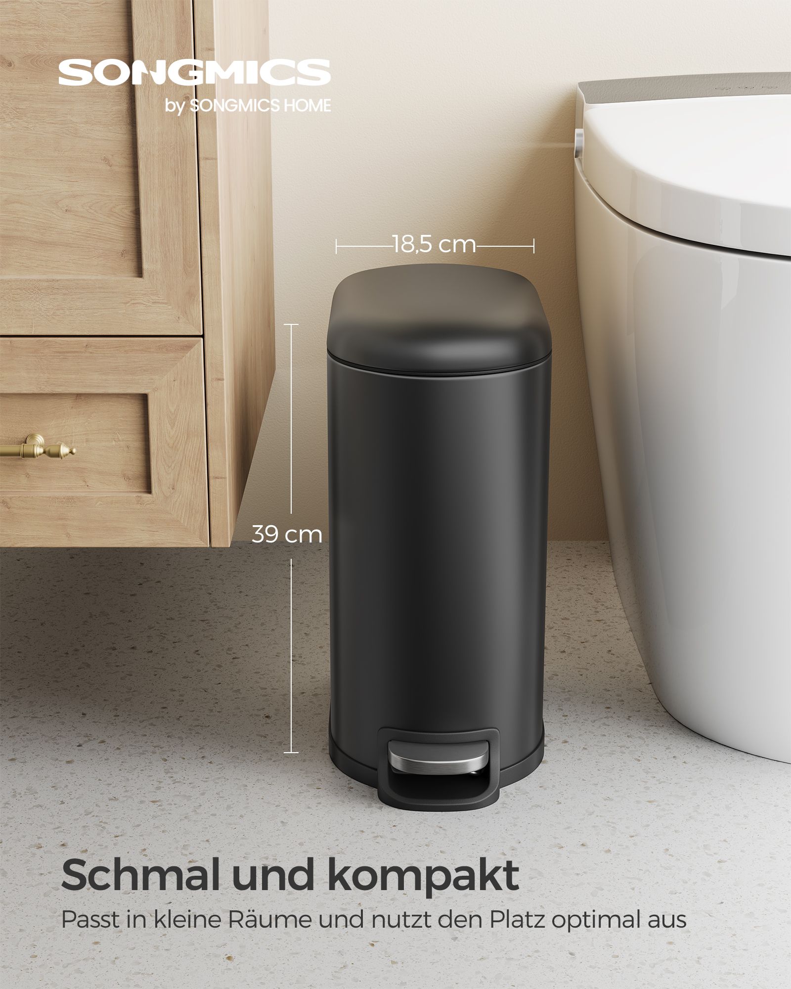 Vannas istabas atkritumu tvertne ar pedāli, 10 l, tērauda, ar vāku, melna - Image 2