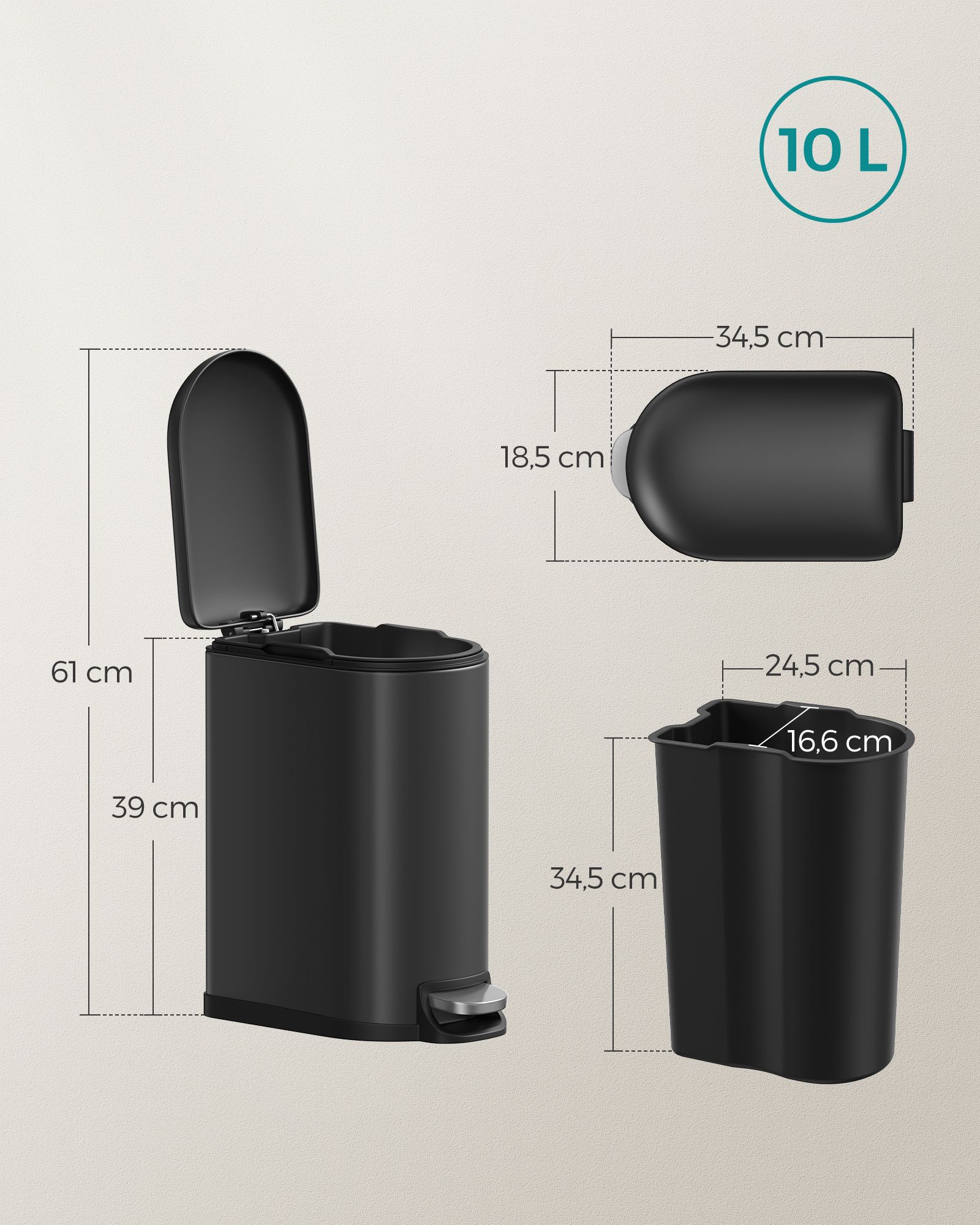 Vannas istabas atkritumu tvertne ar pedāli, 10 l, tērauda, ar vāku, melna - Image 7