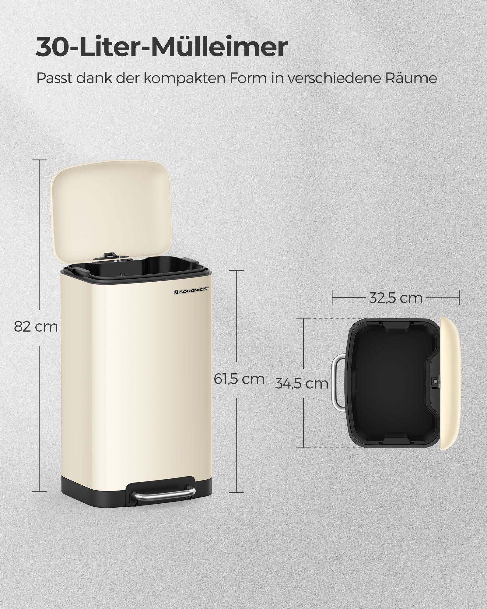 Atkritumu tvertne ar pedāli, 30 l, tērauda, krēmbalta, 34 x 25 x 61,5 cm - Image 6