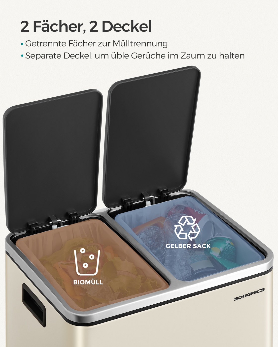 Atkritumu šķirošanas tvertne ar 2 nodalījumiem, 2 x 15 l, ar vāku, tērauda, smilškrāsas un melna - Image 4