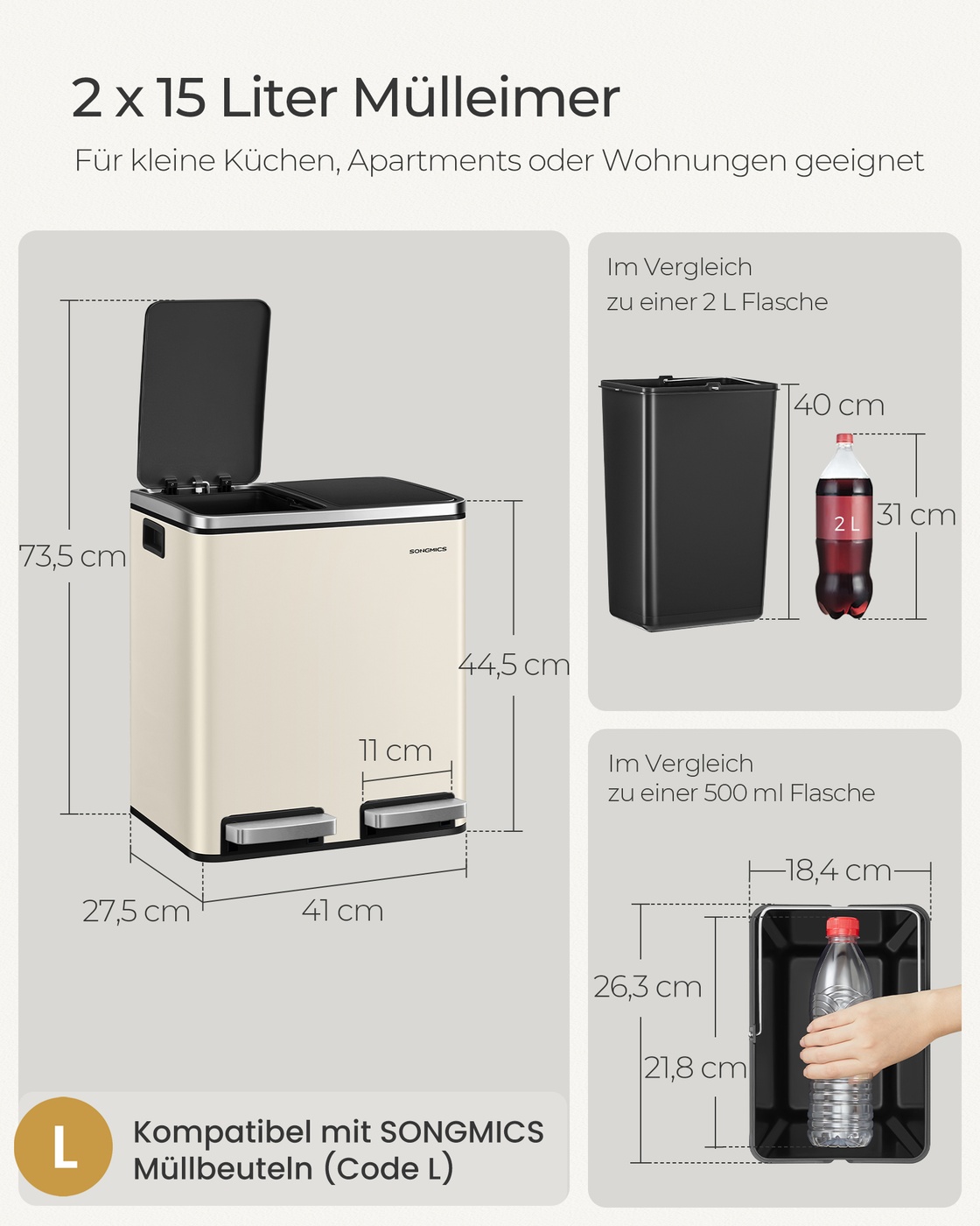 Atkritumu šķirošanas tvertne ar 2 nodalījumiem, 2 x 15 l, ar vāku, tērauda, smilškrāsas un melna - Image 6