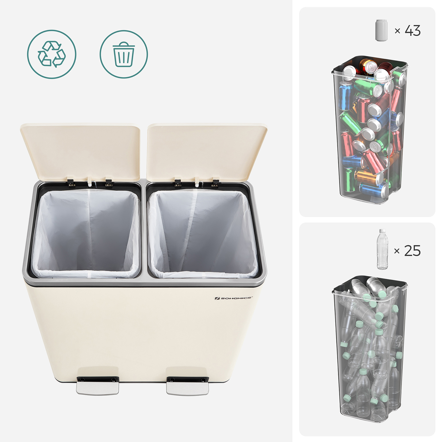 Divu nodalījumu atkritumu tvertne ar vāku, 2 x 30 l, ar 2 iekšējiem spaiņiem, krēmbalta - Image 5