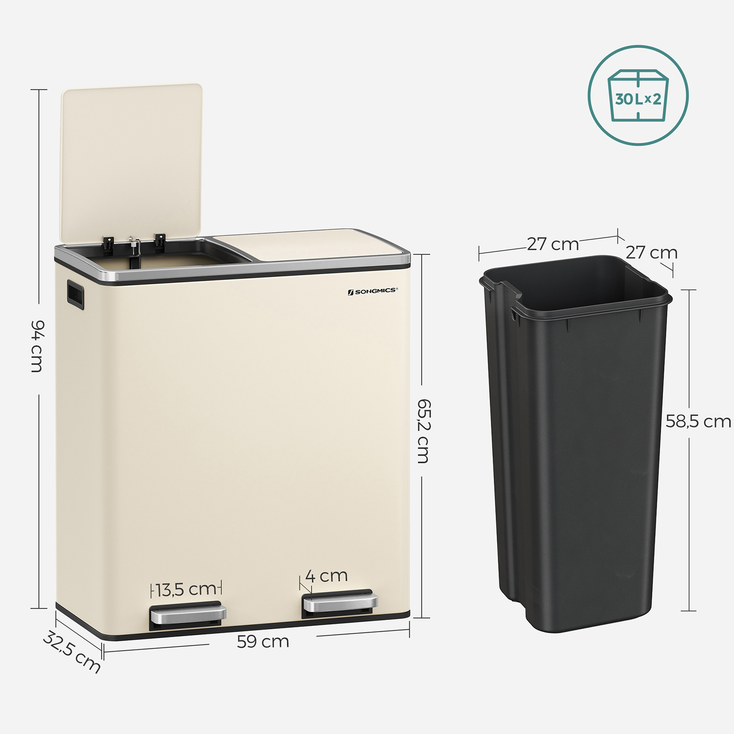 Divu nodalījumu atkritumu tvertne ar vāku, 2 x 30 l, ar 2 iekšējiem spaiņiem, krēmbalta - Image 6