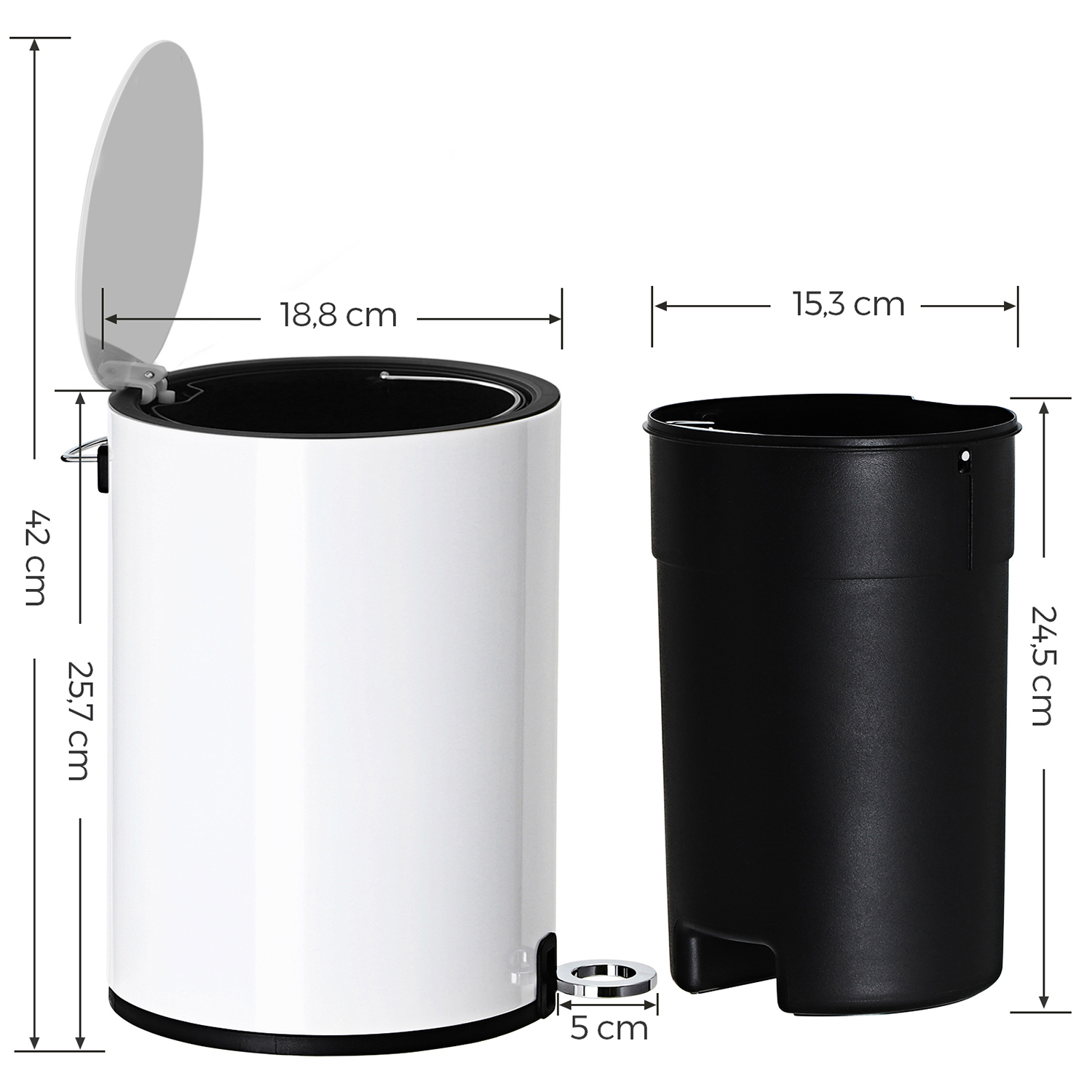 Kylpyhuoneen roska-astia 3 l, valkoinen, jauhemaalattua terästä, ABS-kannella - Image 4