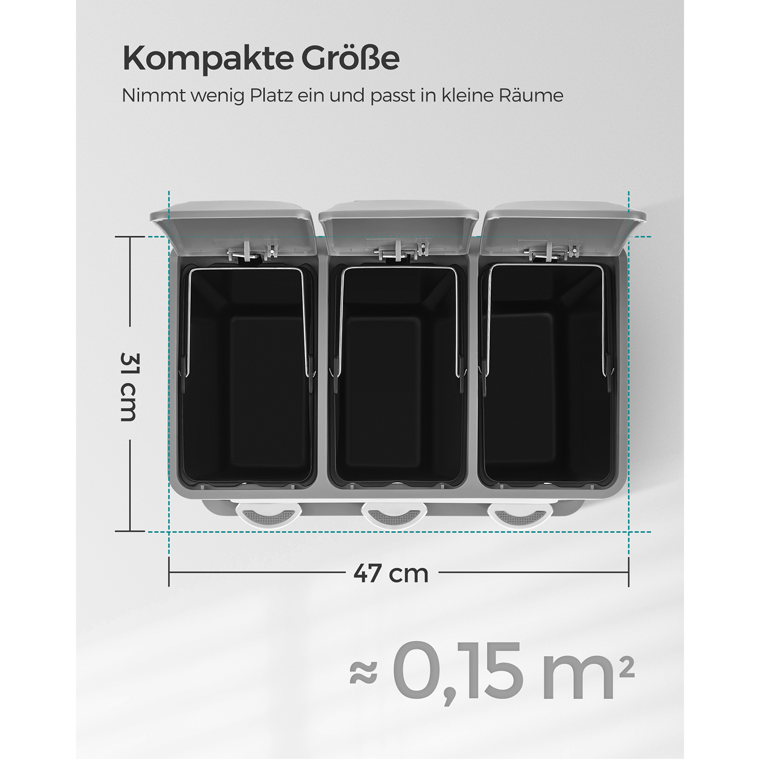 Lajitteluroska-astia 3 lokerolla, 24 l, teräs ja muovi, valkoharmaa - Image 4