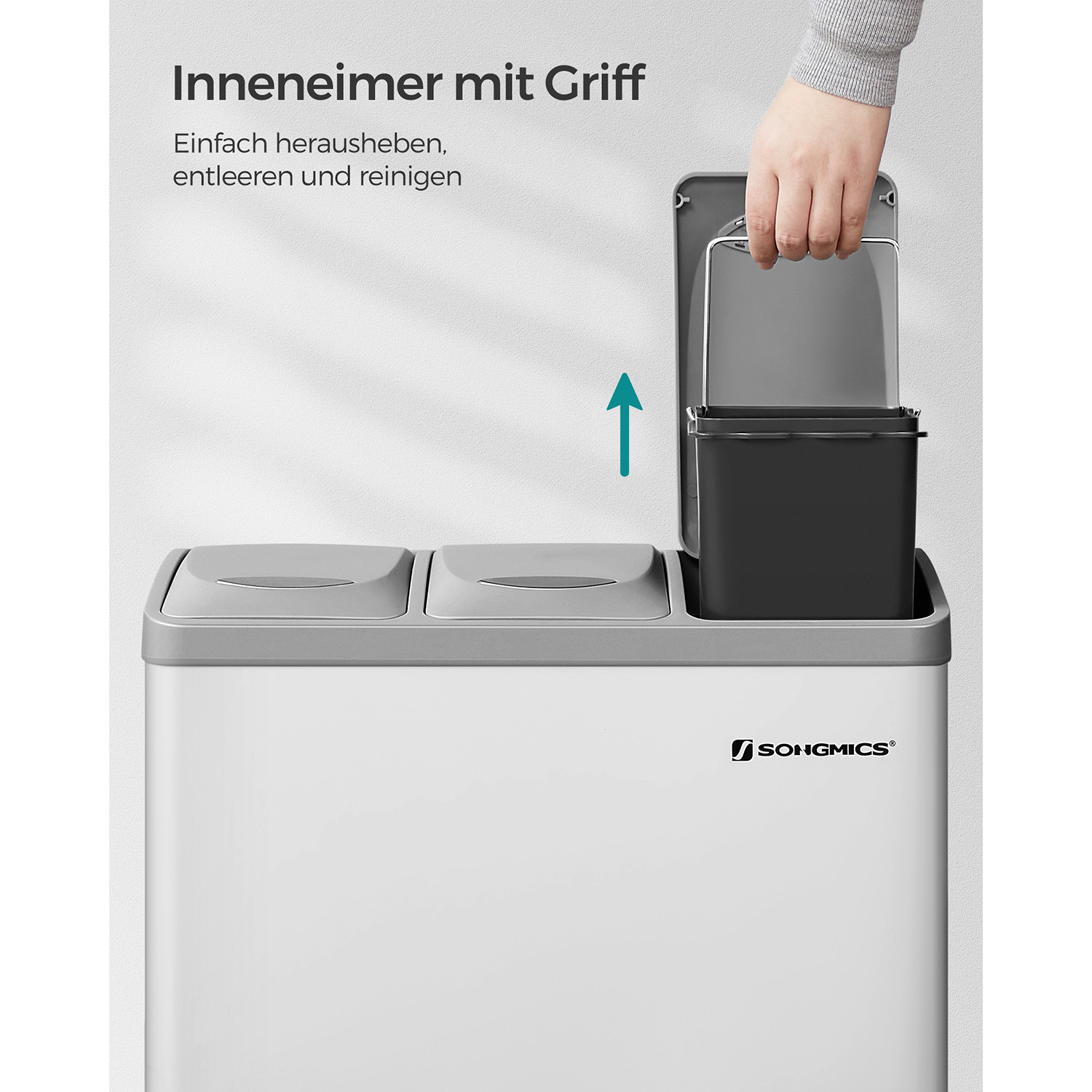Lajitteluroska-astia 3 lokerolla, 24 l, teräs ja muovi, valkoharmaa - Image 6
