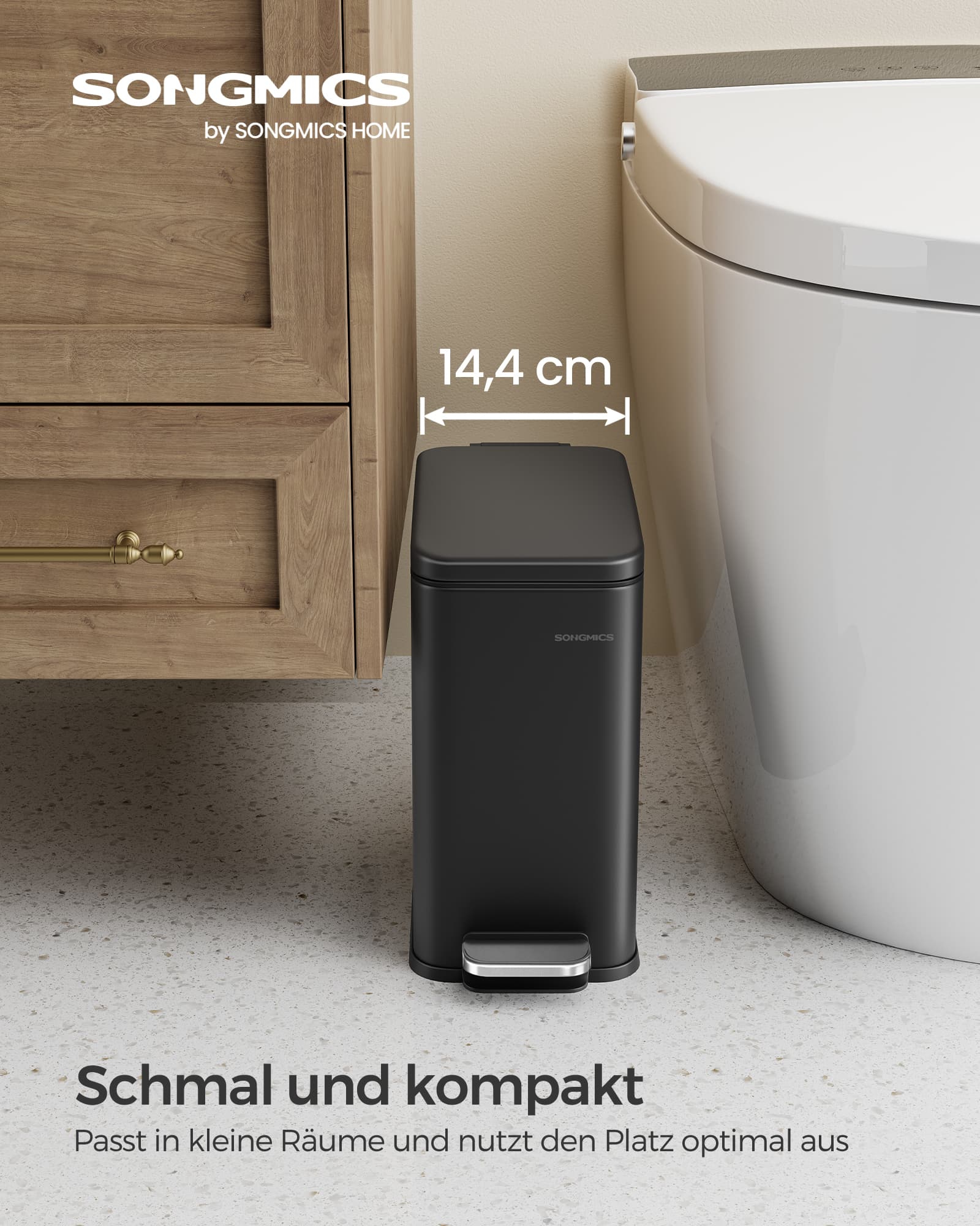 Kosmetinė šiukšliadėžė su pedalu, 5 l, juoda, plieninė, 29,9 x 14,4 x 29 cm - Image 3