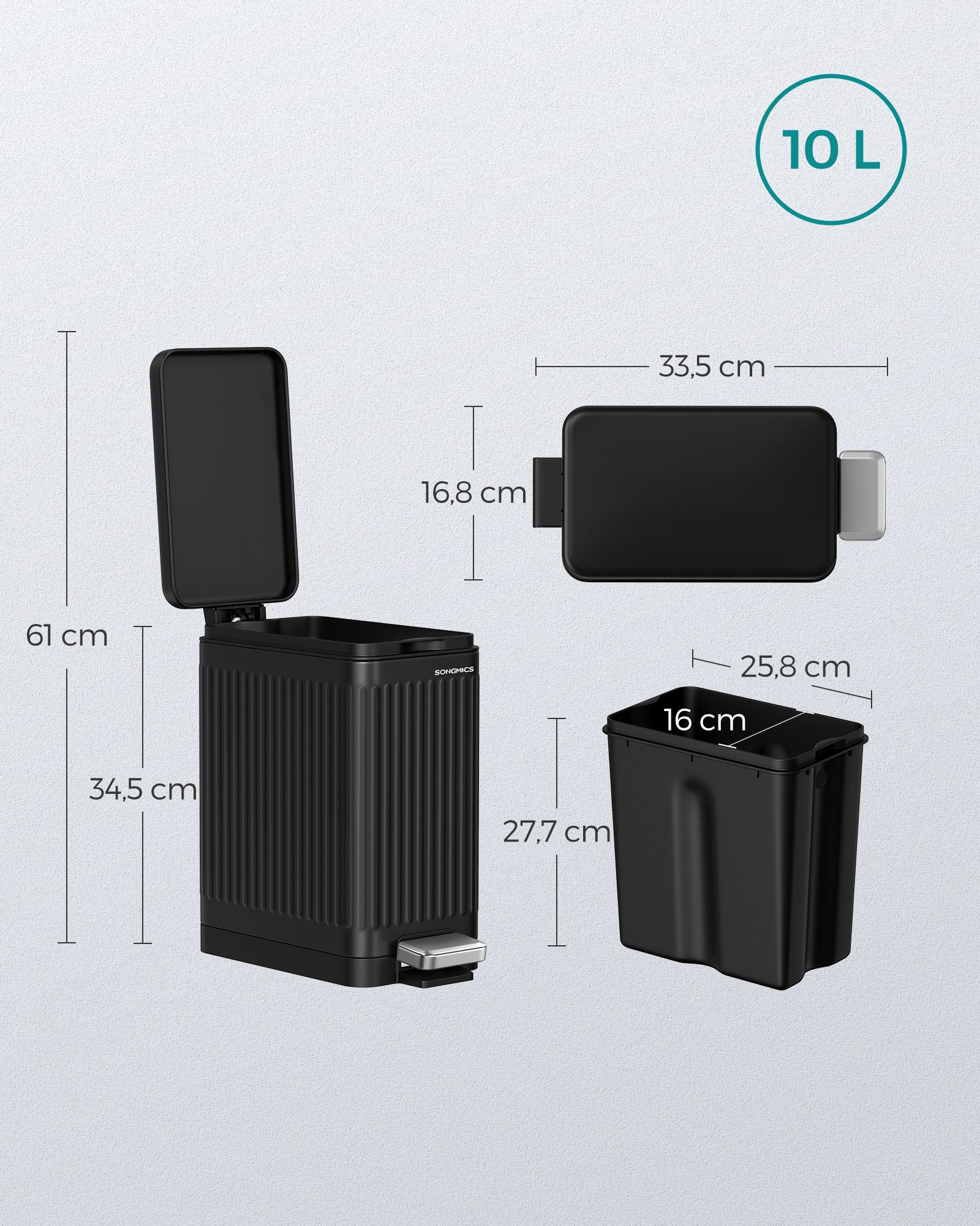 Kosmetinė šiukšliadėžė su pedalu, 10 l, plieninė, juoda, 33,5 x 16,8 x 34,5 cm - Image 7