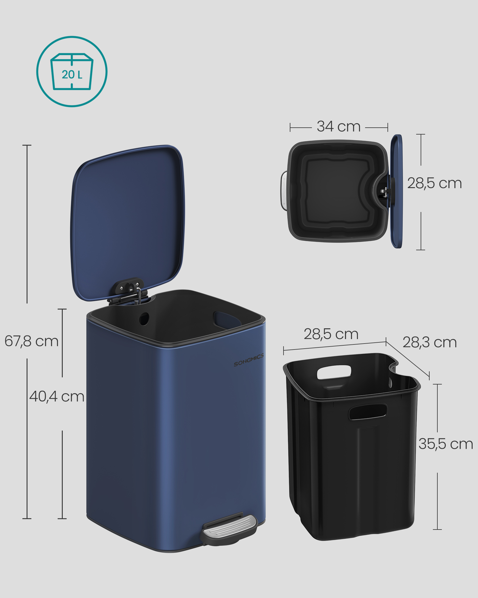 Pedalinis šiukšlių kibiras, 20 l, plieninis, tamsiai mėlynas, su vidiniu kibiru - Image 7