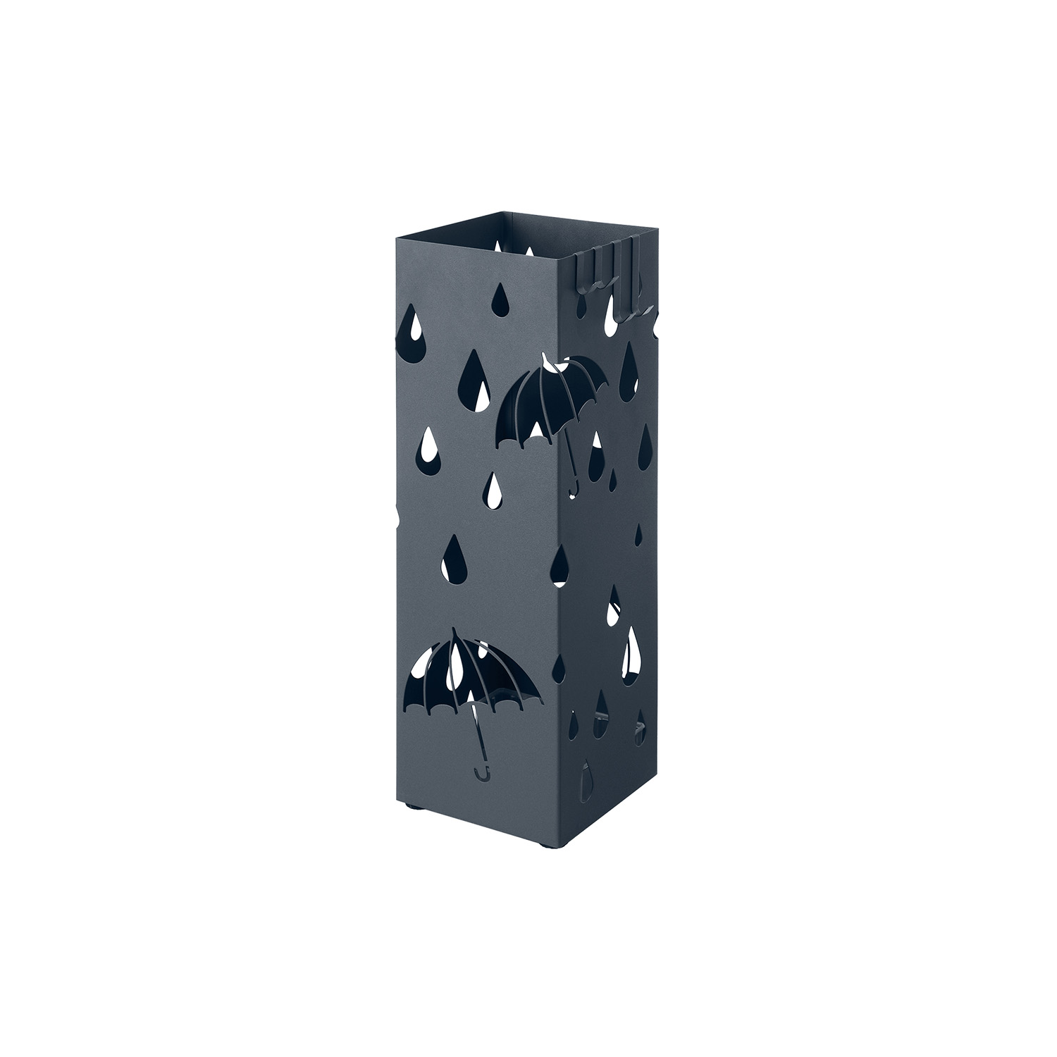 Skėčių stovas iš metalo, antracito spalvos, su vandens surinkimo padėklu ir 4 kabliukais, 15,5 x 15,5 x 49 cm