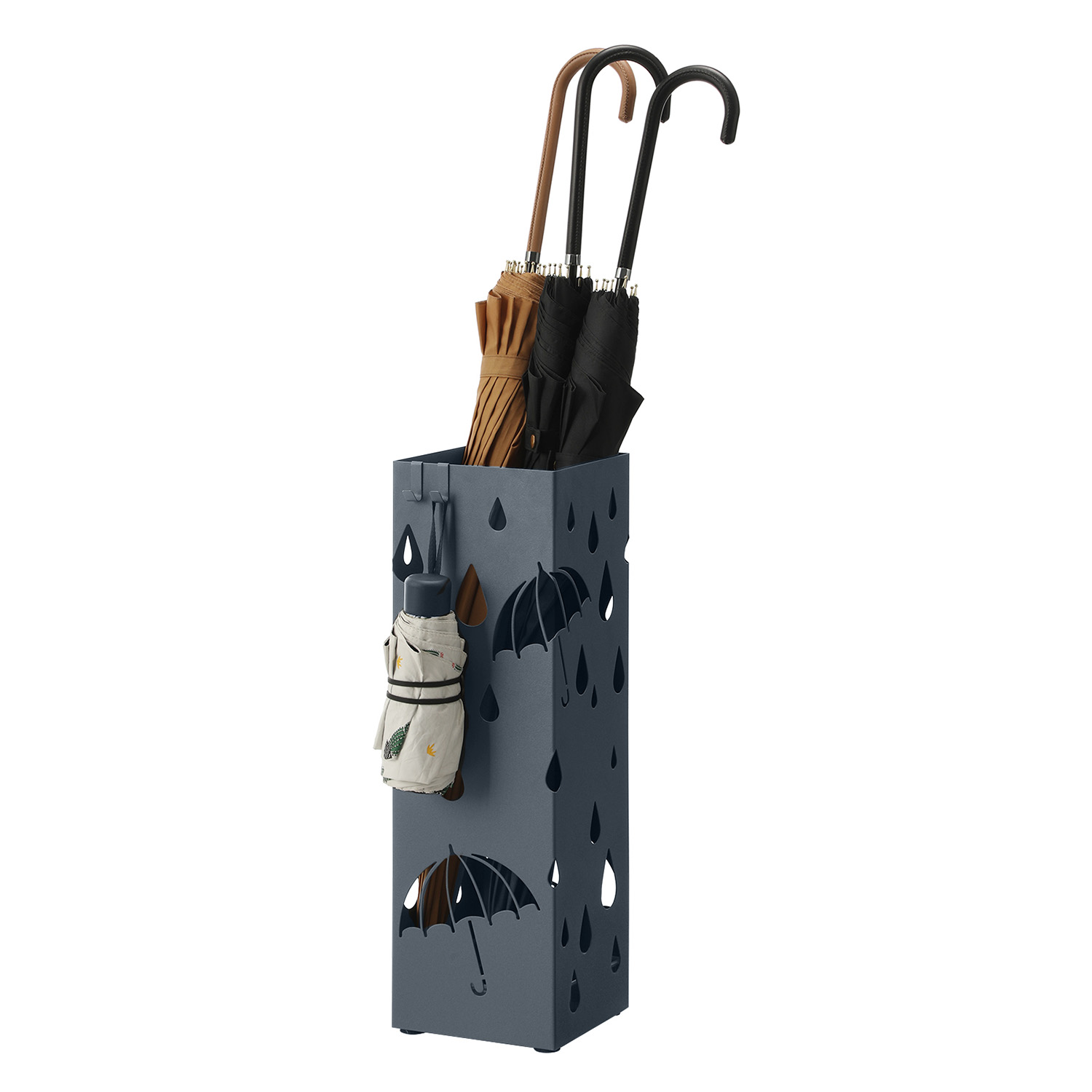 Skėčių stovas iš metalo, antracito spalvos, su vandens surinkimo padėklu ir 4 kabliukais, 15,5 x 15,5 x 49 cm - Image 5