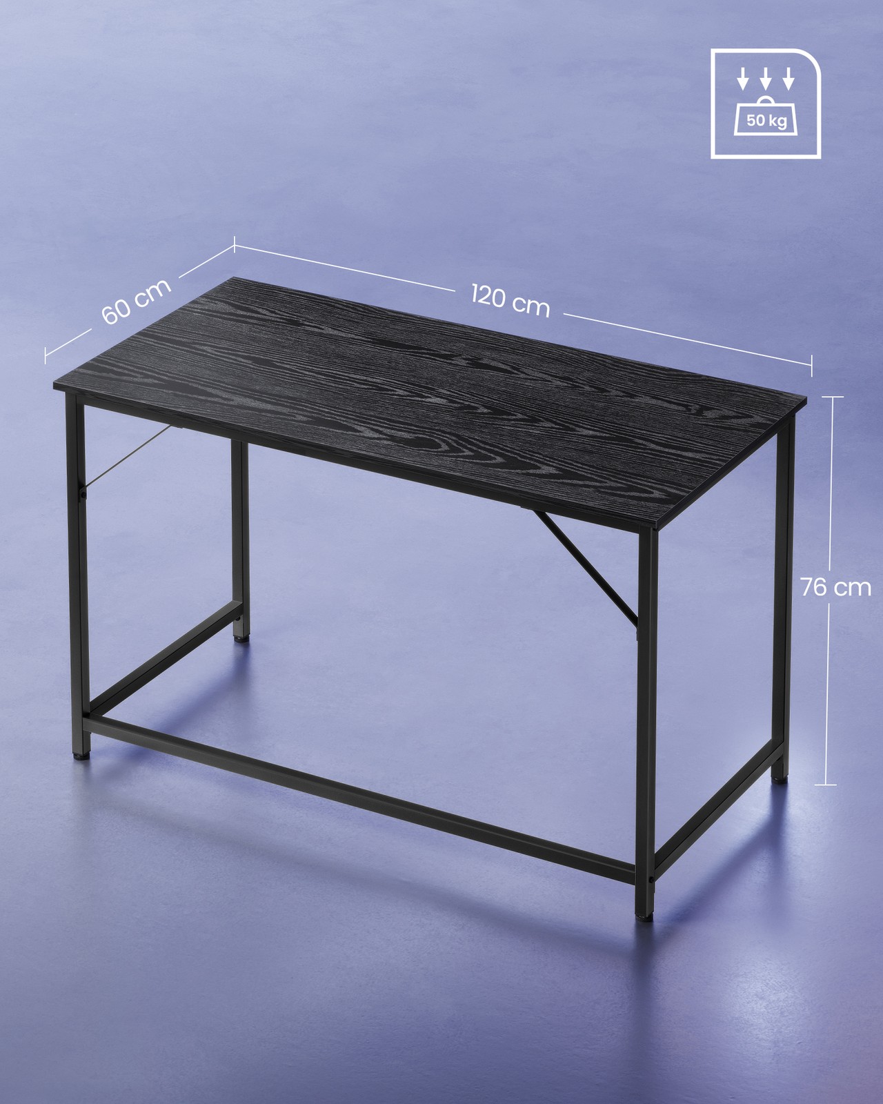Rašomasis stalas, juodas, 120 x 60 x 76 cm, medžio drožlių plokštė ir plienas - Image 6