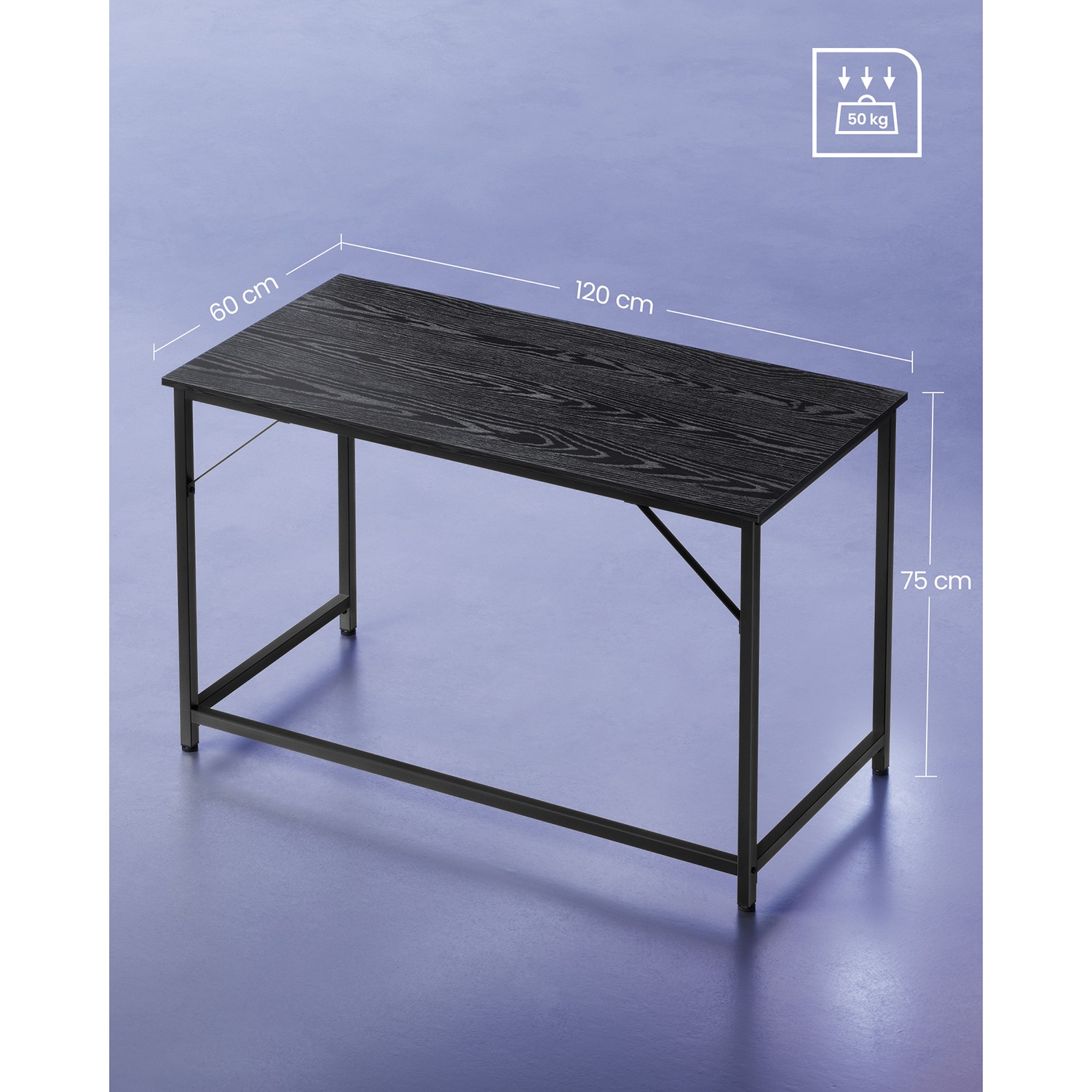 Rašomasis stalas, juodas, 120 x 60 x 76 cm, medžio drožlių plokštė ir plienas - Image 7