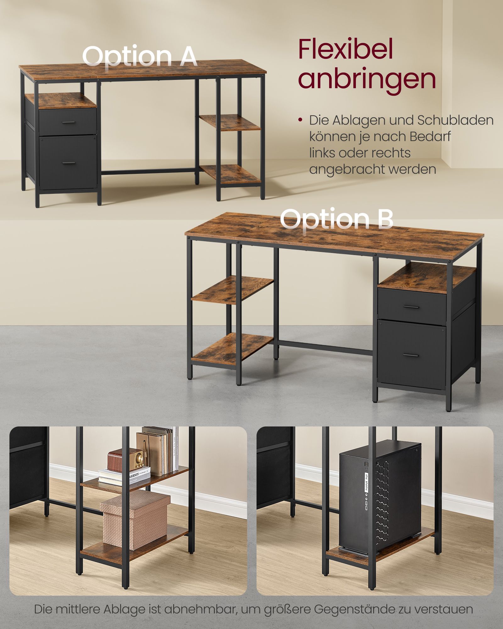 Datorgalds, 140 x 60 x 76 cm, ar 3 plauktiem un 2 atvilktnēm, vintage brūns-melns - Image 3
