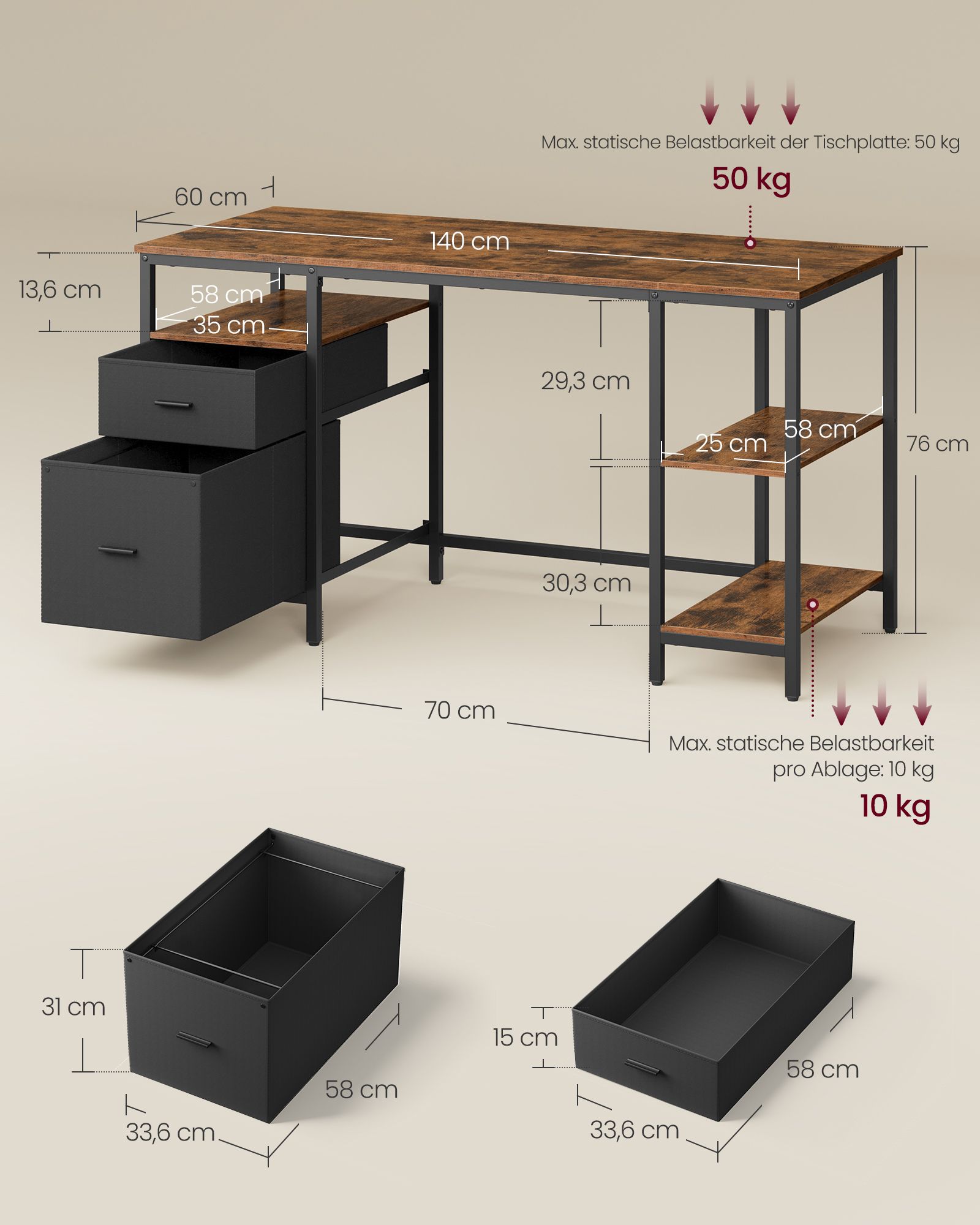 Datorgalds, 140 x 60 x 76 cm, ar 3 plauktiem un 2 atvilktnēm, vintage brūns-melns - Image 6