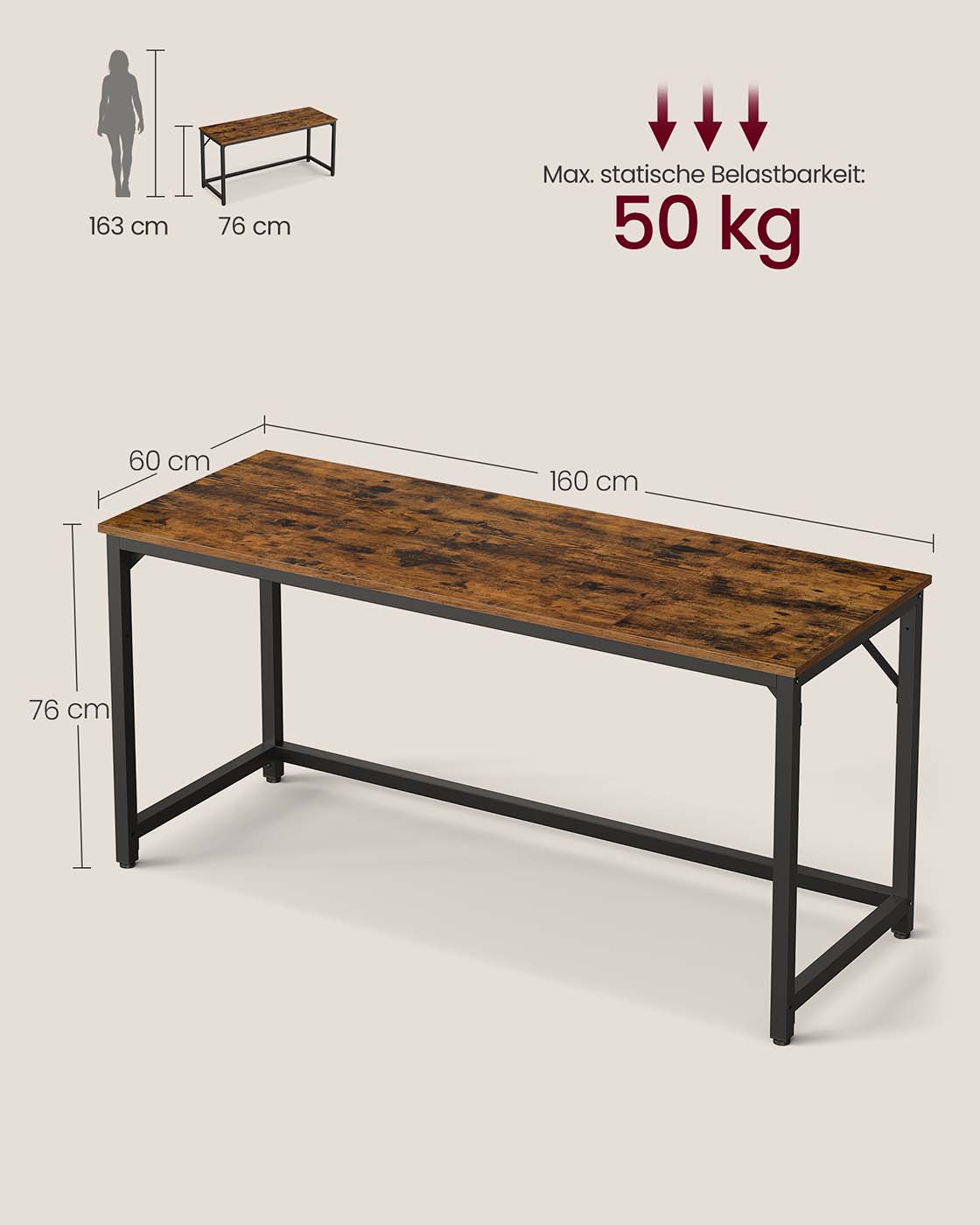 Tietokonepöytä vintage-ruskea-musta, lastulevy ja teräs, 160 x 60 x 76 cm - Image 6