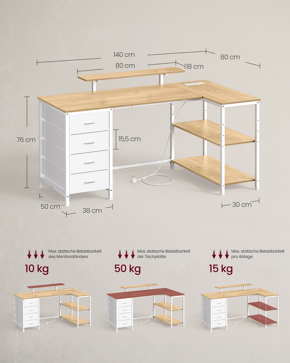 L-muotoinen kulmapöytä 140 x 80 x 90 cm, USB-liitännöillä, vehnänkeltainen ja mattavalkoinen - Image 3