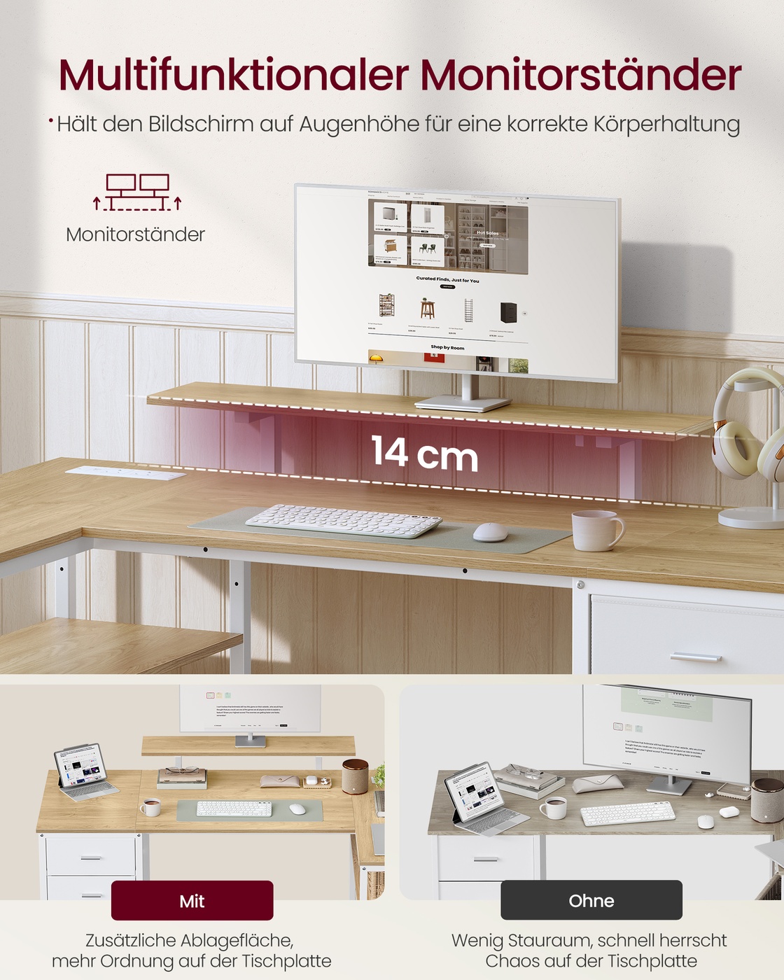 L-muotoinen kulmapöytä 140 x 80 x 90 cm, USB-liitännöillä, vehnänkeltainen ja mattavalkoinen - Image 7