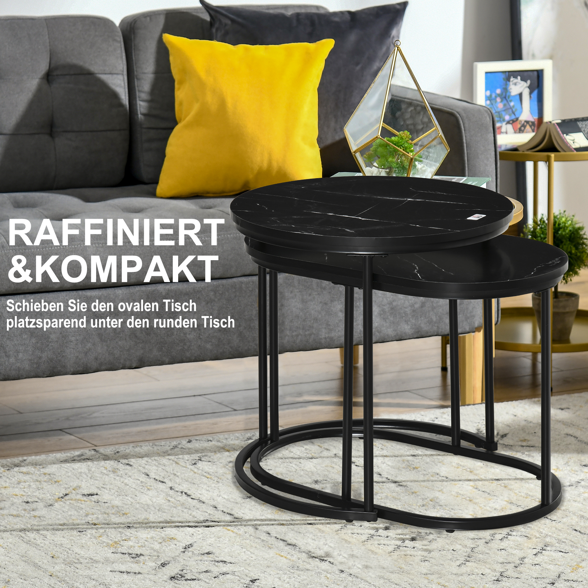 2 daļu kafijas galdiņu komplekts, ovāls un apaļš, marmora izskats, MDF, metāls, melns - Image 4