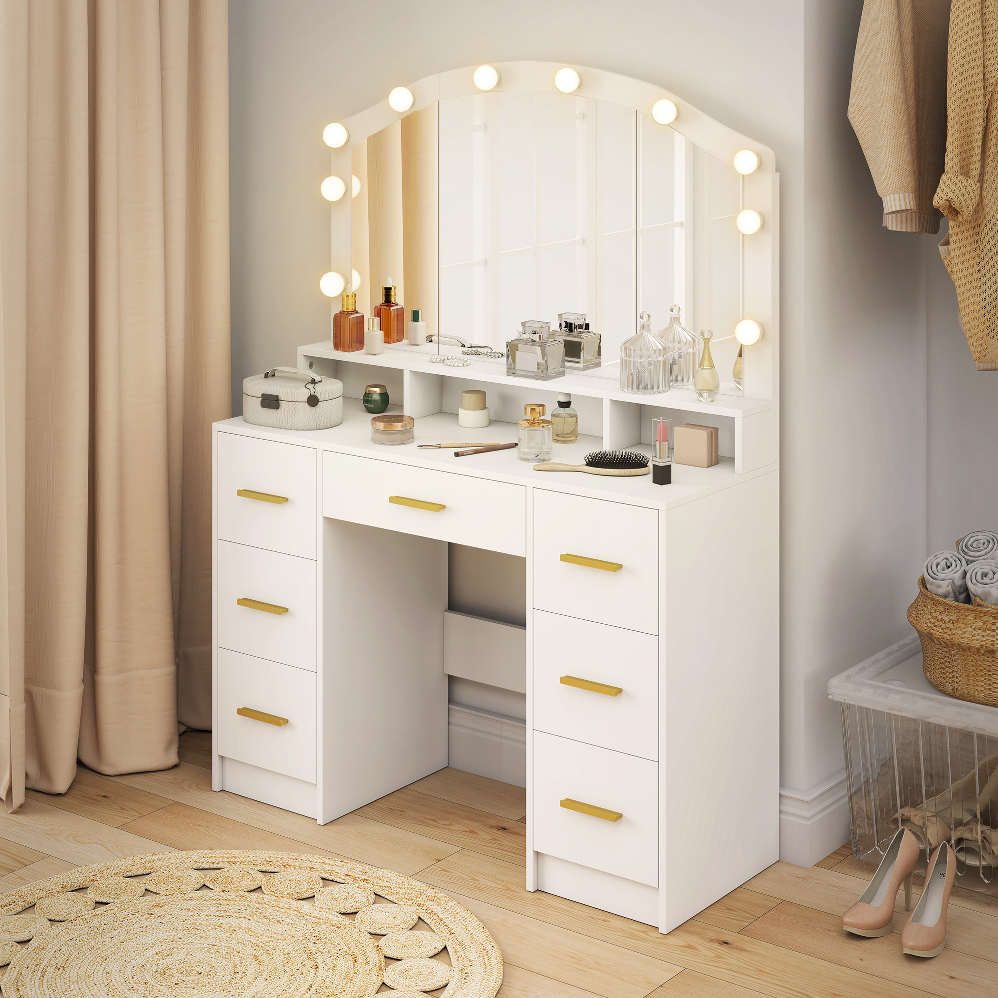 Kosmetinis staliukas su veidrodžiu, 10 LED lempų, 7 stalčiai, 3 skyriai, MDF, baltas - Image 8