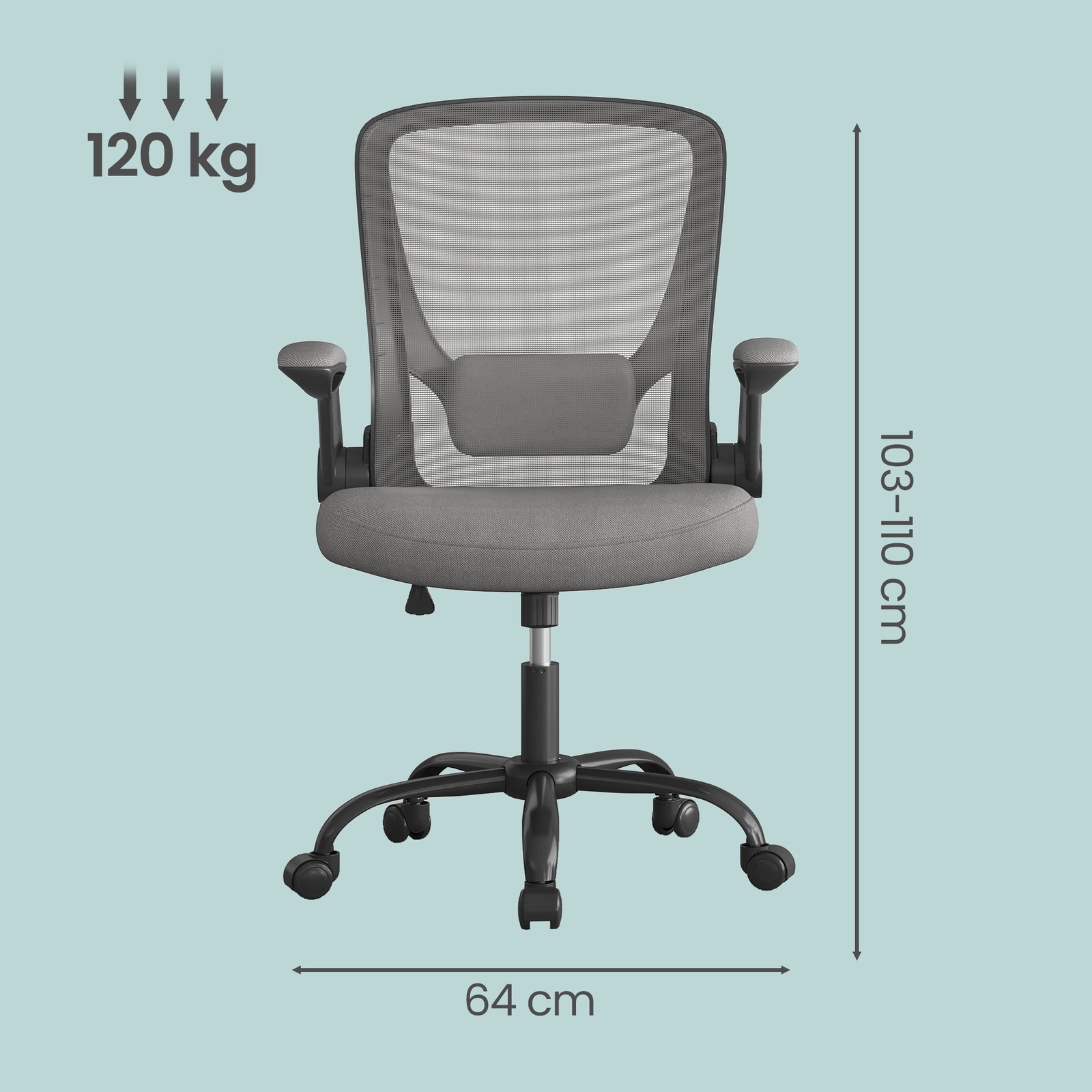 Biroja krēsls ar sieta atzveltni, pelēks, 60 x 64 x 103–110 cm, līdz 120 kg - Image 3